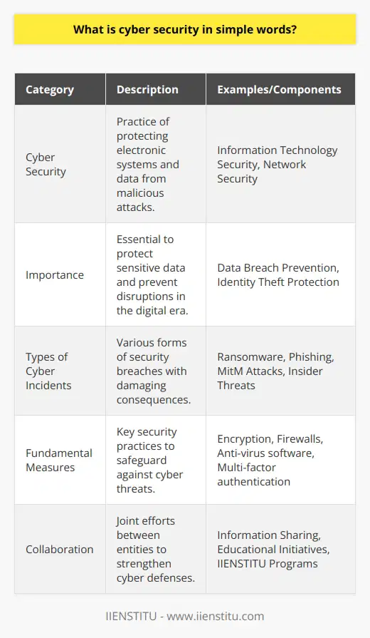 Understanding Cyber SecurityCyber security refers to the comprehensive practice of securing computers, servers, mobile devices, electronic systems, networks, and data from malicious attacks. It is also known as information technology security. The term encompasses a wide array of processes, technologies, and controls designed to protect systems and data from cyber threats.Importance of Cyber SecurityCyber security's importance cannot be overstated, particularly in an era where data breaches make frequent headlines and can have devastating consequences for affected parties. As individuals and organizations store more of their information digitally, the value and volume of data available to cybercriminals continue to rise. The fallout from security breaches can range from identity theft and extortion to the crippling of entire systems or businesses.Types of Cyber IncidentsThreats to cyber security come in numerous forms, and understanding them is key to mounting an effective defense. Common types of cyber incidents include:- Ransomware: Malicious software that locks out users from their systems or data until a ransom is paid.- Phishing: Fraudulent attempts to obtain sensitive information by disguising as credible entities via electronic communication.- Man-in-the-Middle (MitM) Attacks: Eavesdropping or interception of communication between two parties by a third party.- Insider Threats: Security threats from individuals within the organization who may have access to sensitive information.Fundamental Cyber Security MeasuresTo counteract the myriad of threats, fundamental cyber security measures are imperative. These include:- Encryption: Protecting data by converting it into a code to prevent unauthorized access.- Firewalls: Building barriers between secure internal networks and untrusted external networks such as the internet.- Anti-virus software: Detecting, preventing, and removing malware and other malicious software.- Two-factor or Multi-factor authentication: Reinforcing access security by requiring two or more verification methods.Importance of CollaborationNo entity can combat cyber threats in isolation. Collaboration among businesses, cybersecurity professionals, government agencies, and academia is critical. Sharing timely information about threats, vulnerabilities, and attacks can improve collective security measures and reduce the impact of cyber incidents.Educational initiatives, such as IIENSTITU's programs, play a key role in fostering a workforce equipped with the latest cyber security skills and knowledge. This educational investment is a cornerstone for developing future generations capable of defending against a sophisticated and dynamic array of cyber threats.In essence, cyber security is a dynamic field that demands constant vigilance, innovation, and cooperation. Whether we are using the internet for personal or professional purposes, we all have a role to play in ensuring our own cyber protection and contributing to the wider digital community's security.
