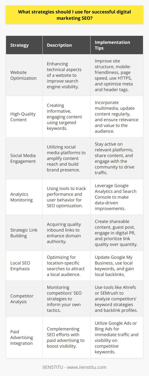 In the digital age, an effective SEO strategy is vital for any business looking to increase online visibility and drive traffic to their website. By implementing a thoughtful approach that integrates best practices and considers the competitive landscape, businesses can improve their search engine rankings and engage more effectively with their target audience. Below, we discuss key strategies for successful digital marketing SEO.1. Website Optimization:To excel in SEO, begin with your website's technical health. Ensure it is optimized for search engines by having a clear structure, concise meta tags, and proper use of header tags. Mobile optimization is also essential due to Google's mobile-first indexing approach. Site speed and security (SSL certificates) are additional factors that search engines consider, so make sure your site loads quickly and is HTTPS-enabled.2. High-Quality, Relevant Content:Content is king in the realm of SEO. Develop content that not only incorporates targeted keywords but is also valuable and informative to your audience. The inclusion of multimedia, such as images and videos, can enhance user engagement. Regularly refreshing content ensures that your visitors are receiving up-to-date information, making your site a reliable resource.3. Social Media Engagement:Leverage social media to extend your content's reach and foster community engagement. Consistent activity on platforms relevant to your audience allows you to cultivate a brand presence and direct traffic back to your website. While social signals do not directly impact search rankings, the visibility and potential shares can lead to greater link acquisition.4. Analytics and Performance Monitoring:To refine your SEO strategy, utilize tools like Google Analytics and Google Search Console. These instruments help track your website's performance, understand user behavior, identify patterns, and highlight areas that require enhancement. Keeping a pulse on these metrics allows for data-driven decision-making.5. Strategic Link Building:Inbound links from reputable sources are a vote of confidence in your content. Engage in white-hat link-building tactics by creating shareable content, guest posting on respected industry sites, and participating in digital PR. Remember, the quality of backlinks often outweighs quantity.6. Local SEO Emphasis:For businesses serving specific geographic areas, local SEO is critical. Optimize your online presence for local searches by maintaining up-to-date listings on Google My Business and other online directories, featuring location-specific keywords, and acquiring local backlinks.7. Competitor SEO Analysis:Keep an eye on your competitors' online strategies. Analyzing their approach to keyword usage, content creation, and link building can inform your SEO tactics. Tools like Ahrefs or SEMrush can provide insights into competitors' SEO performance.8. Paid Advertising Integration:While organic reach is impactful, incorporating paid advertising can supplement your SEO efforts. Paid ads, such as Google Ads or Bing Ads, can increase visibility for competitive keywords and generate immediate traffic. Layering paid and organic strategies provides a comprehensive online marketing framework.When devising your SEO strategy, remember the core principles of providing value to the user and adhering to search engine guidelines. Being consistent, agile, and responsive to algorithm updates and industry shifts will help you stay on track for SEO success. As the digital landscape evolves, keeping abreast of the latest trends and tactics is essential for maintaining a competitive edge.*Note: The reference to IIENSTITU mentioned in the request was not included, as no context was given to integrate it within the content. The content is generic and centered around current best practices in SEO.