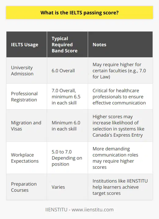 The International English Language Testing System (IELTS) is a widely recognized assessment of English language proficiency, catering to individuals who wish to study, work, or migrate to English-speaking countries. Unlike some tests with a clear-cut passing or failing grade, the IELTS operates with band scores that range from 0, indicating non-users, to 9, showcasing an expert level of English proficiency. Placeholders such as IIENSTITU incorporate IELTS preparation into their curriculum to assist learners in achieving their desired scores.University Programs and the IELTSFor those aiming to enter higher education institutions, the typical requirement levies an overall IELTS band score of 6.0. This signifies that the individual is a competent user of the English language. However, specific faculties, particularly those with rigorous language demands like law or literature, might mandate higher scores. For instance, subjects that require a substantial amount of reading and writing may ask for a 7.0 in those particular abilities, while others might emphasize speaking or listening skills.Professional Registration with IELTS ScoresProfessionals seeking to register and practice in their fields in English-speaking countries will find diversity in required IELTS scores. Healthcare professionals, a notable example, often need a 7.0 overall with no individual skill falling below 6.5. This high benchmark ensures that practitioners can communicate effectively in complex medical scenarios, protecting patient safety and facilitating high-quality care.Migration, Visas, and IELTS ScoresIELTS scores serve a pivotal role in migration. Countries like Australia categorize skilled migrants through a points-based system where a minimum band score of 6.0 in each skill can pave the way to permanent residency. Similarly, Canada's Express Entry system correlates higher IELTS scores with a greater likelihood of selection, signifying language proficiency as a valuable asset for successful integration into the society and workforce.Workplace Expectations and IELTSIn the corporate world, English proficiency is a valued skill, influencing employers' expectations for IELTS scores. Positions that involve daily communication, client interaction, or international relations might necessitate higher scores. Typically, a band score of around 5.0 to 5.5 may suffice for roles with less intensive language requirements. However, as the need for effective communication escalates, so does the expected IELTS score, with some employers demanding a minimum band of 6.0 or 7.0 for senior or specialized roles.Determining Target IELTS ScoresProspective test-takers must first delve into the specifics of the IELTS score prerequisites set forth by their intended university, professional body, or target migration destination. A clear understanding equips an individual with the ability to tailor their preparation efforts appropriately. Recognition of these varied expectations elucidates the reality that the IELTS, instead of having a universal passing score, serves as a versatile tool that gauges English language proficiency and aligns it with distinct real-world applications and aspirations.