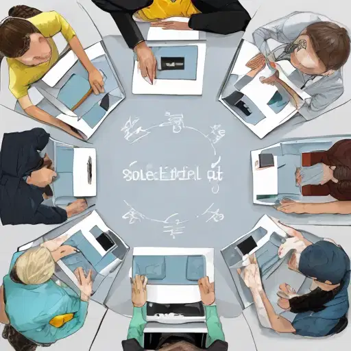 A diverse group of people analyzing data and discussing options around a table, representing the evaluation and selection of the optimal solution in problem-solving, with abstract shapes and patterns in cool blues, greens, and grays symbolizing the decision-making process.