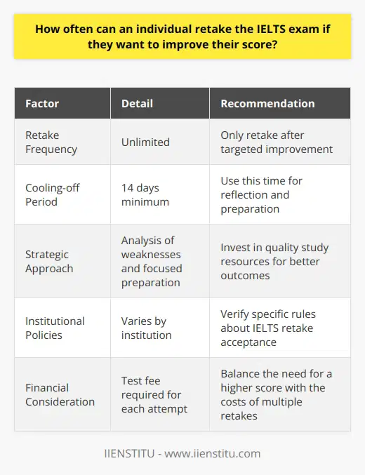 The International English Language Testing System (IELTS) is a well-recognized proficiency test that plays a significant role for individuals pursuing international education, employment, or migration. As IELTS scores are critical for these applications, candidates often seek to retake the exam to achieve a higher score. The question then arises: How often can one retake the IELTS exam if they desire to improve their score?**Frequency of Retakes**IELTS candidates have the advantage of no restrictions on the number of times they can sit for the exam. This means that if an individual is not satisfied with their test results, they have the opportunity to retake the test in hopes of improving their score.**Minimum Gap Between Attempts**While there is no cap on the frequency of retakes, candidates must wait for a minimum of 14 days before retaking the test. This cooling-off period is in place to provide enough time for candidates to reflect on their previous performance, identify areas for improvement, and prepare adequately for their next attempt.**Strategic Approach to Improvement**Merely increasing the number of attempts without a targeted and strategic approach may not lead to the desired improvement in scores. It's imperative for candidates to conduct a thorough analysis of their performance to understand their weaknesses and focus on those specific areas during their preparation. Utilizing high-quality study resources, potentially from reputable providers like IIENSTITU, can make a significant difference in preparation.**Institutional Policies on Retakes**When planning retakes, individuals should also be aware of the policies and preferences of the receiving institutions. Some universities, employers, or immigration bodies might have their own rules about the number of acceptable IELTS attempts or the time frame within which the scores should have been attained. It's therefore important to check these details before scheduling another IELTS test.**Financial Considerations**Financial aspects cannot be overlooked as each retake requires paying the test fee again. The cost of multiple test attempts can quickly add up, making it a substantial investment. Candidates should balance their need for a higher score with the financial impact of retaking the exam several times. For many, it makes financial sense to invest in comprehensive preparation before re-attempting the exam, to maximize the likelihood of achieving the desired score and reducing the need for further retakes.To summarize, while there are no limitations on the frequency of IELTS exam retakes, candidates should approach this with a strategy that includes sufficient preparation time, an understanding of institutional requirements, and careful financial planning. Focusing on these factors will not only help in potentially achieving a better score but will also optimize the number of times an individual might need to retake the test.