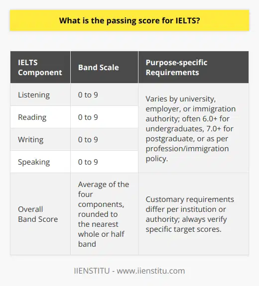 The International English Language Testing System (IELTS) is a widely recognized language proficiency test that measures the English language abilities of non-native speakers who wish to work, study, or migrate to English-speaking countries. One of the most common questions concerning IELTS is what constitutes a passing score. The answer, however, is not straightforward, as IELTS itself does not have a pass or fail system.IELTS Scoring System ExplainedIELTS candidates are assessed in four modules: Listening, Reading, Writing, and Speaking, and each module is scored on a band scale from 0 to 9. The final results are given as band scores that can range from 0, for those who did not attempt the test, to 9, for an expert user. The overall band score is the average of the four component scores, rounded to the nearest whole or half band.Understanding RequirementsThe concept of a passing score in IELTS is determined by the requirements of the specific institution, employer, or immigration authority. Each sets its own threshold for what they consider an adequate demonstration of English language proficiency.For Academic Purposes:Universities and colleges set their own IELTS score requirements, which often vary by department and course level. Generally, a band score of 6.0 or 6.5 may be sufficient for undergraduate courses, while a higher score of 7.0+ might be needed for more competitive or postgraduate studies.For Immigration:Countries that accept IELTS for immigration purposes stipulate their own minimum band scores, aligned with their immigration policies. These scores reflect the level of English they expect applicants to have in order to effectively communicate and integrate into the society and workforce.For Professional Registration:Certain professions might require a specific IELTS score for licensing or registration in their field. This is commonly seen in the healthcare sector, where doctors, nurses, and pharmacists may need to achieve a higher band score to prove their competency in English before they can practice in an English-speaking country.Key Takeaways for IELTS SuccessAs there is variance among the required IELTS scores, it's imperative for test-takers to establish what score they need to achieve for their specific purposes. Preparation is key, and candidates should take advantage of official practice materials, engage in regular language use, and consider a course or training, possibly at a language school like IIENSTITU, to bolster their chances of hitting their target band score. Furthermore, understanding the test format, time management, and practicing test strategies can significantly impact one's performance on test day.Conclusively, in the context of IELTS, the term passing score is highly individual and should be understood in relation to specific goals and requirements. IELTS scores are a reflection of English language ability and should be targeted according to the requisites of the receiving institution, professional body, or immigration authority.