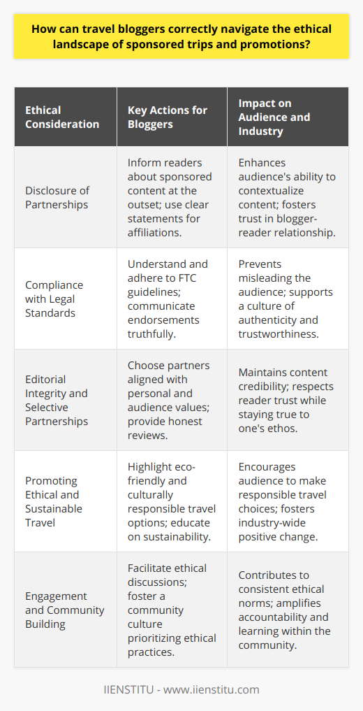 In the realm of travel blogging, there is an increasing emphasis on the ethical implications of sponsored content and the promotion of travel experiences. A crucial aspect of navigating this ethically complex landscape involves a commitment to transparent practices that respect the blogger's audience and maintain the integrity of the content they produce.**Disclosure of Partnerships:**Transparency begins with full disclosure. Travel bloggers must always inform their readers when content is sponsored. This forthrightness allows the audience to contextualize the content and assess it with the understanding that there might be a commercial relationship influencing it. Mentioning these affiliations at the beginning of a blog post or via a clear statement can set the stage for an honest reader-blogger relationship.**Compliance with Legal Standards:**Adherence to legal standards, such as those set by the Federal Trade Commission (FTC) in the United States, cannot be overlooked. These guidelines dictate how endorsements should be communicated to ensure that consumers are not misled. Reliable knowledge of such rules not only ensures compliance but also helps in forging trust with readers who seek authenticity from influencers they follow.**Editorial Integrity and Selective Partnerships:**While sponsored trips and items can offer valuable content opportunities, the selection process should be meticulous. Collaborating with organizations whose values resonate with the blogger's personal ethos, and those of their audience, is key. Offering genuine opinions, regardless of sponsorship, is critical. It’s about striking a balance between providing for oneself as a travel blogger and respecting the trust readers place in the experience being shared.**Promoting Ethical and Sustainable Travel:**Ethical travel blogging extends beyond personal gains to encompass the broader impacts of tourism. Bloggers have great potential to affect their audience's travel choices. Hence, it's essential for them to encourage practices that are ecologically sound and culturally sensitive. By showcasing sustainable travel options and educating about the importance of cultural preservation and respect, bloggers can use their platforms as a force for positive change within the industry.**Engagement and Community Building:**Establishing a set of community-driven ethical norms can help in making ethical travel blogging more consistent and accountable. By engaging in dialogues with readers and fellow bloggers, travel influencers can create a community culture that prioritizes ethical considerations. This could involve open discussions about the complexities of sponsored content, shared learning from personal experiences, and collaborative efforts to set benchmarks for ethical behavior in travel blogging.Ultimately, navigating the ethical waters of sponsored travel requires a conscious approach that balances the economic realities of blogging with the foundational trust between bloggers and their audience. By practicing transparency, upholding regulatory standards, maintaining integrity, championing sustainable travel, and contributing to communal ethical standards, travel bloggers can responsibly enjoy the benefits of their work while fulfilling a commitment to earnest and principled storytelling.