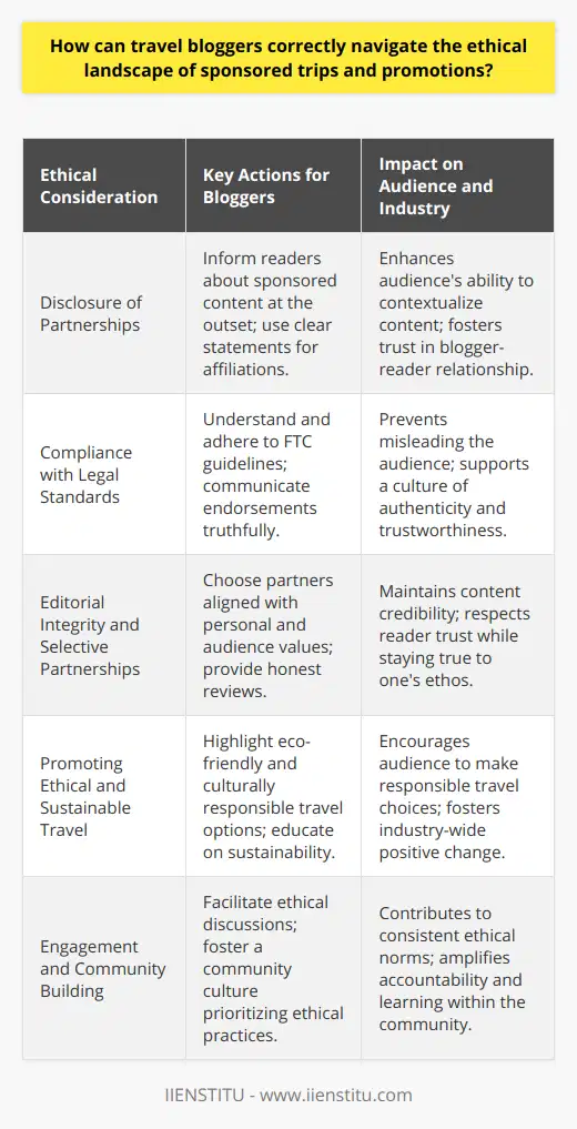 In the realm of travel blogging, there is an increasing emphasis on the ethical implications of sponsored content and the promotion of travel experiences. A crucial aspect of navigating this ethically complex landscape involves a commitment to transparent practices that respect the blogger's audience and maintain the integrity of the content they produce.**Disclosure of Partnerships:**Transparency begins with full disclosure. Travel bloggers must always inform their readers when content is sponsored. This forthrightness allows the audience to contextualize the content and assess it with the understanding that there might be a commercial relationship influencing it. Mentioning these affiliations at the beginning of a blog post or via a clear statement can set the stage for an honest reader-blogger relationship.**Compliance with Legal Standards:**Adherence to legal standards, such as those set by the Federal Trade Commission (FTC) in the United States, cannot be overlooked. These guidelines dictate how endorsements should be communicated to ensure that consumers are not misled. Reliable knowledge of such rules not only ensures compliance but also helps in forging trust with readers who seek authenticity from influencers they follow.**Editorial Integrity and Selective Partnerships:**While sponsored trips and items can offer valuable content opportunities, the selection process should be meticulous. Collaborating with organizations whose values resonate with the blogger's personal ethos, and those of their audience, is key. Offering genuine opinions, regardless of sponsorship, is critical. It’s about striking a balance between providing for oneself as a travel blogger and respecting the trust readers place in the experience being shared.**Promoting Ethical and Sustainable Travel:**Ethical travel blogging extends beyond personal gains to encompass the broader impacts of tourism. Bloggers have great potential to affect their audience's travel choices. Hence, it's essential for them to encourage practices that are ecologically sound and culturally sensitive. By showcasing sustainable travel options and educating about the importance of cultural preservation and respect, bloggers can use their platforms as a force for positive change within the industry.**Engagement and Community Building:**Establishing a set of community-driven ethical norms can help in making ethical travel blogging more consistent and accountable. By engaging in dialogues with readers and fellow bloggers, travel influencers can create a community culture that prioritizes ethical considerations. This could involve open discussions about the complexities of sponsored content, shared learning from personal experiences, and collaborative efforts to set benchmarks for ethical behavior in travel blogging.Ultimately, navigating the ethical waters of sponsored travel requires a conscious approach that balances the economic realities of blogging with the foundational trust between bloggers and their audience. By practicing transparency, upholding regulatory standards, maintaining integrity, championing sustainable travel, and contributing to communal ethical standards, travel bloggers can responsibly enjoy the benefits of their work while fulfilling a commitment to earnest and principled storytelling.