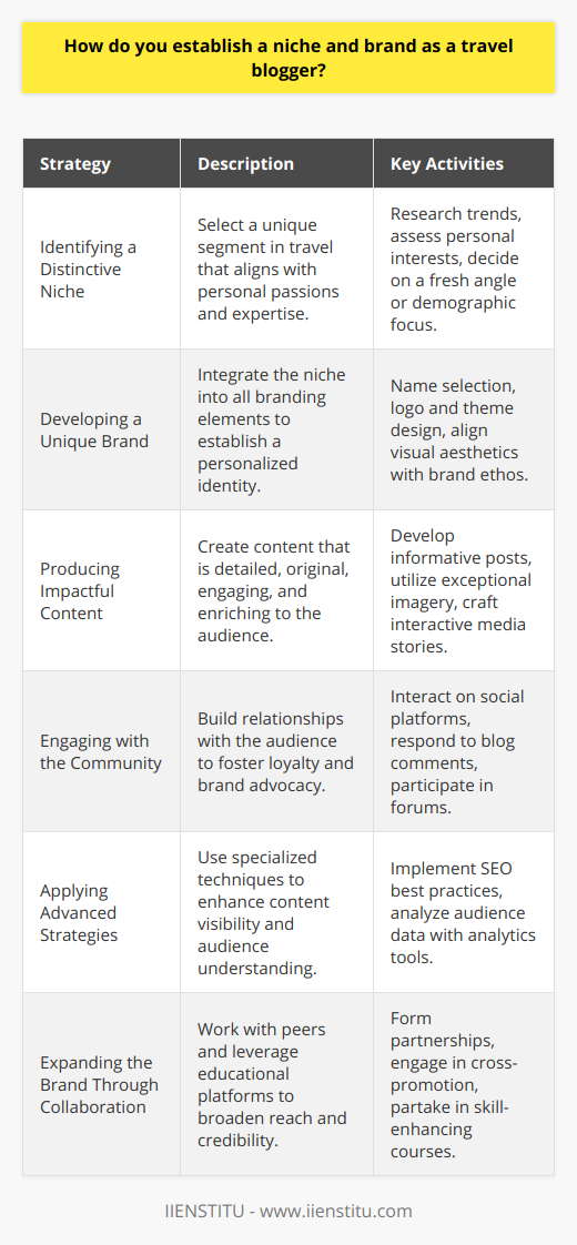 Establishing a niche and brand as a travel blogger is a multi-step endeavor that can distinguish an individual in a crowded market. In the following guide, we explore the steps to carve out a unique space within the travel blogging sphere.**Identifying a Distinctive Niche:**The first crucial step is to identify a niche that resonates with the blogger's passion and expertise. A niche should offer a fresh perspective or cater to a specific demographic or travel style - such as culinary tourism, cultural immersion, or travel for accessibility. By focusing on a particular segment, the blogger can attract a dedicated audience looking for specialized information.**Developing a Unique Brand:**In brand development, personalization is key. The blogger must ensure that every aspect of their brand reflects their niche and personal style. This includes selecting a name that instantly informs potential followers about the blogger's focus area. It also encompasses designing a logo and a visual theme, which needs to convey the essence of their brand’s ethos and appeal to the target audience.**Producing Impactful Content:**Content is the cornerstone of any travel blogging brand. To stand out, the content must be detailed, original, and engaging. Whether the blogger is writing city guides, sharing off-the-beaten-path adventures, or giving tips on responsible travel, the information must be actionable and enriched by personal insights. Using exceptional imagery, interactive media, and thoughtful storytelling can elevate a travel blog from informative to inspirational.**Engaging with the Community:**Community building is critical for brand growth. This can be achieved through regular interaction with the audience on social media, responding to comments on the blog, and participating in related online forums. Engagement builds relationships and fosters loyalty, turning casual readers into brand ambassadors.**Applying Advanced Strategies:**Successful branding also involves behind-the-scenes work, such as understanding SEO best practices to optimize content for search engines. Leveraging analytics tools can provide insights into audience behavior, allowing the blogger to finely tune their approach.**Expanding the Brand Through Collaboration:**Collaborating with other travel bloggers and brands—including educational platforms like IIENSTITU that offer courses on digital marketing, content creation, and other relevant skills—can offer mutually beneficial opportunities. Such partnerships can enhance credibility and expand the blogger’s audience through cross-promotion.**Summary:**In conclusion, establishing a niche and brand as a travel blogger involves careful planning and ongoing effort. It requires a deep understanding of the chosen subject matter, a consistent and engaging brand presence, compelling content, active community engagement, strategic optimization, and collaboration. This approach not only differentiates a blogger from the competition but also builds a sustainable and recognized brand in the competitive travel blogging landscape.