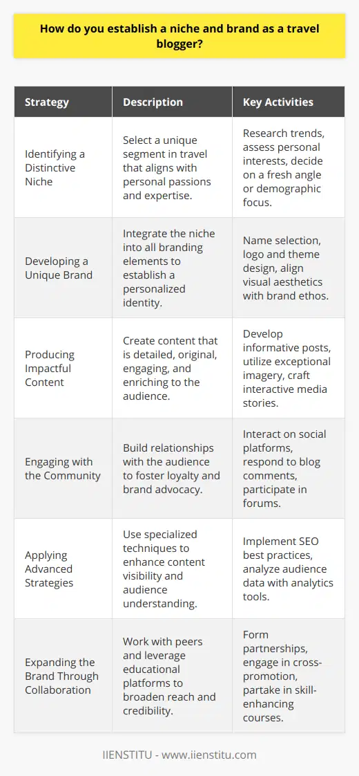 Establishing a niche and brand as a travel blogger is a multi-step endeavor that can distinguish an individual in a crowded market. In the following guide, we explore the steps to carve out a unique space within the travel blogging sphere.**Identifying a Distinctive Niche:**The first crucial step is to identify a niche that resonates with the blogger's passion and expertise. A niche should offer a fresh perspective or cater to a specific demographic or travel style - such as culinary tourism, cultural immersion, or travel for accessibility. By focusing on a particular segment, the blogger can attract a dedicated audience looking for specialized information.**Developing a Unique Brand:**In brand development, personalization is key. The blogger must ensure that every aspect of their brand reflects their niche and personal style. This includes selecting a name that instantly informs potential followers about the blogger's focus area. It also encompasses designing a logo and a visual theme, which needs to convey the essence of their brand’s ethos and appeal to the target audience.**Producing Impactful Content:**Content is the cornerstone of any travel blogging brand. To stand out, the content must be detailed, original, and engaging. Whether the blogger is writing city guides, sharing off-the-beaten-path adventures, or giving tips on responsible travel, the information must be actionable and enriched by personal insights. Using exceptional imagery, interactive media, and thoughtful storytelling can elevate a travel blog from informative to inspirational.**Engaging with the Community:**Community building is critical for brand growth. This can be achieved through regular interaction with the audience on social media, responding to comments on the blog, and participating in related online forums. Engagement builds relationships and fosters loyalty, turning casual readers into brand ambassadors.**Applying Advanced Strategies:**Successful branding also involves behind-the-scenes work, such as understanding SEO best practices to optimize content for search engines. Leveraging analytics tools can provide insights into audience behavior, allowing the blogger to finely tune their approach.**Expanding the Brand Through Collaboration:**Collaborating with other travel bloggers and brands—including educational platforms like IIENSTITU that offer courses on digital marketing, content creation, and other relevant skills—can offer mutually beneficial opportunities. Such partnerships can enhance credibility and expand the blogger’s audience through cross-promotion.**Summary:**In conclusion, establishing a niche and brand as a travel blogger involves careful planning and ongoing effort. It requires a deep understanding of the chosen subject matter, a consistent and engaging brand presence, compelling content, active community engagement, strategic optimization, and collaboration. This approach not only differentiates a blogger from the competition but also builds a sustainable and recognized brand in the competitive travel blogging landscape.