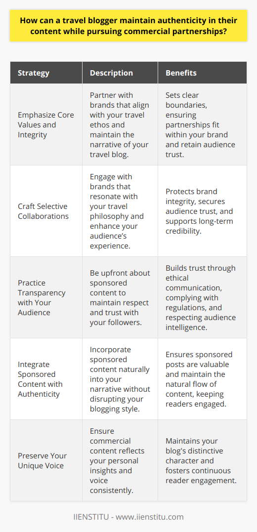 Travel blogging is more than just sharing one's journeys; it's a platform for influencing and inspiring your audience. However, when commercial partnerships come into play, maintaining the authenticity that won you your following becomes a dance of credibility and income. Here's how a travel blogger can master it:Emphasize Core Values and IntegrityIt starts with a clear understanding of what you stand for in the travel space. Are you a champion of eco-friendly travel, a budget adventure connoisseur, or a luxury destinations expert? Your core values set boundaries for the types of companies and products you'll associate with. Committing to these values ensures that any commercial partnership fits cohesively within your established travel narrative, avoiding a sell-out perception.Craft Selective CollaborationsNot all money is good money, particularly when it comes to protecting your brand's integrity. Partner only with brands that resonate with your travel philosophy and can objectively enrich your followers' travel experiences. For example, if you focus on family travel, partner with brands that accentuate family-friendly services or products. Rejecting misaligned partnerships might lose you quick gains but will retain long-term audience trust.Practice Transparency with Your AudienceFull disclosure builds trust and shows respect for your audience’s intelligence. When posting sponsored content, be upfront about it. Regulatory bodies in many countries insist on this transparency, but beyond legal compliances, it also serves as ethical communication with your followers. Disclosures should never be hidden in fine print; rather, they should be as much a part of the post as the content itself.Integrate Sponsored Content with AuthenticitySponsored content doesn't have to stick out like a sore thumb. Incorporate it into your narrative authentically. For instance, if reviewing a sponsored hotel stay, weave in genuine experiences, feeling and relevant storytelling that's hallmarks of your blogging style. Your goal is to maintain the natural flow of your content so that even sponsored posts provide genuine value to your audience.Preserve Your Unique VoiceWhat makes your blog distinctly you should never be compromised. Commercial content should be approached with the same voice, insights, and personal touch that defines your unsponsored work. If a partnership requires you to dilute your voice, it's not the right fit. Your unique perspective is your brand's soul; keep it intact, and your followers will continue to engage with your content, sponsored or not.In a nutshell, travel bloggers can successfully marry authenticity with commercial partnerships by adhering to their core values, being choosy about who they align with, staying transparent, blending sponsored content seamlessly, and holding fast to their unique voice. The result is a blog that not only inspires and informs but one that sustains its creator without selling out. These strategies, rooted in respect for the audience and personal integrity, form the roadmap for a lucrative and principled travel blogging career.
