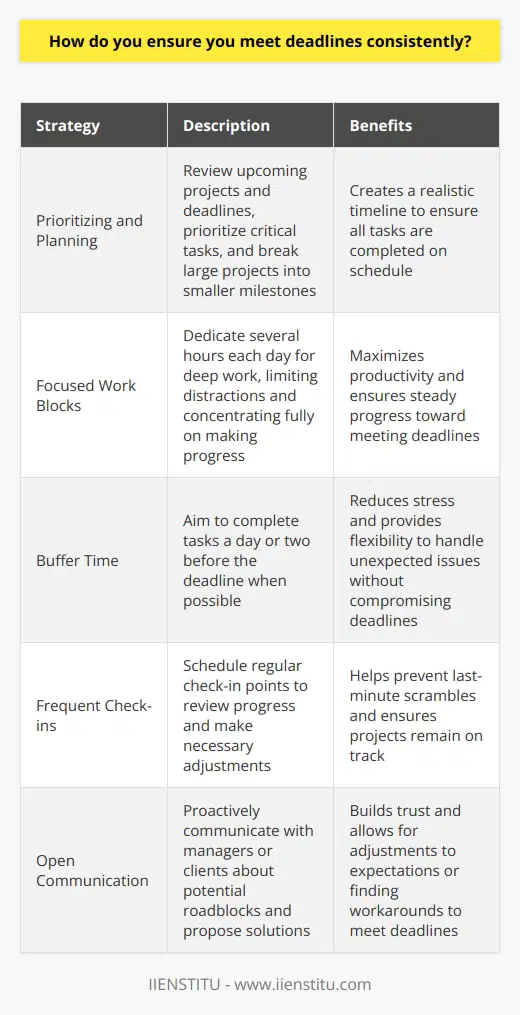 I have developed a strong work ethic and time management skills to consistently meet deadlines. This involves several key strategies: Prioritizing and Planning At the start of each week, I review upcoming projects and deadlines. I prioritize the most critical and time-sensitive tasks. Breaking large projects into smaller milestones helps me chart out a realistic timeline to get everything done on schedule. Focused Work Blocks Ive found that Im most productive when I can dedicate focused time to important tasks without distractions. I block off several hours each day for deep work. During these blocks, I turn off notifications, limit interruptions, and concentrate fully on making progress. Buffer Time Experience has taught me that unexpected issues often pop up. To account for this, I aim to complete tasks a day or two before the deadline when possible. Having that extra buffer reduces stress and ensures I can still deliver on time if something comes up. Frequent Check-ins For longer projects, I schedule regular check-in points to review progress and make sure everything is on track. If Im falling behind, I can adjust my plan or put in extra time to catch up before the deadline arrives. Frequent check-ins help prevent last-minute scrambles. Open Communication If I do run into roadblocks that could impact a deadline, I believe in proactively communicating with my manager or client. By providing an early heads up and proposing solutions, I can often work with them to adjust expectations or find workarounds. Transparency builds trust. By taking a systematic approach, Im able to juggle multiple projects and consistently turn in quality work on time. While the occasional late night still happens before big deadlines, I find that good planning prevents them from becoming the norm. Im always looking for ways to work smarter and streamline processes to boost my efficiency.