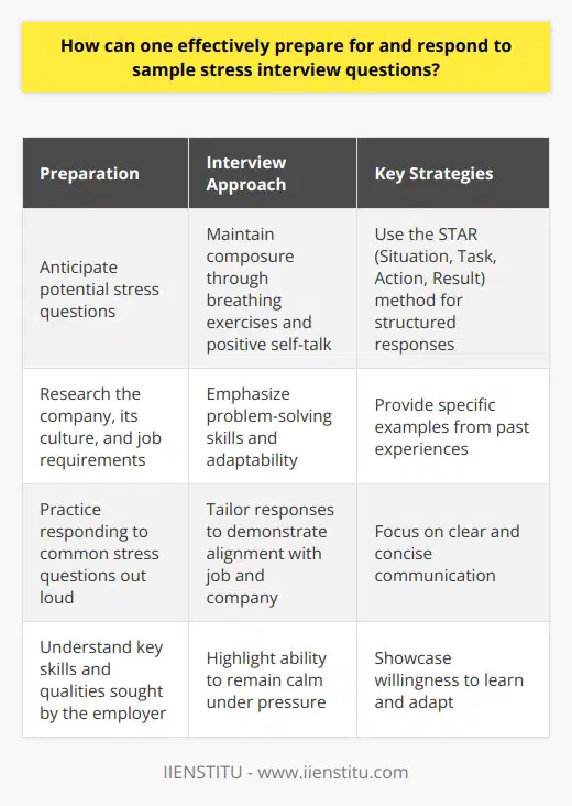 Preparing for and responding to sample stress interview questions requires a strategic approach. First, research common stress interview questions and practice answering them out loud. This helps build confidence and ensures your responses are concise and relevant. Next, develop a deep understanding of the job requirements and company culture. This knowledge allows you to tailor your answers to demonstrate how your skills and experience align with the position. Additionally, practice stress-reducing techniques such as deep breathing and positive self-talk to maintain composure during the interview. Anticipate Questions and Practice Responses Anticipating potential stress interview questions is crucial for effective preparation. Look up common stress interview questions online and create a list of the most likely ones. Practice answering these questions out loud, focusing on delivering clear and concise responses. This practice helps you become more comfortable with the format and reduces anxiety during the actual interview. Remember to use specific examples from your past experiences to illustrate your points and showcase your problem-solving skills. Research the Company and Position Conducting thorough research on the company and the position youre applying for is essential. Review the job description carefully and identify the key skills and qualities the employer is seeking. Look into the companys mission, values, and recent news to gain a better understanding of their culture and priorities. This knowledge allows you to tailor your responses to stress interview questions, demonstrating how your skills and experiences align with the companys needs and goals. Manage Stress and Maintain Composure Stress interviews are designed to test your ability to handle pressure and think on your feet. To effectively manage stress during the interview, practice stress-reducing techniques beforehand. Deep breathing exercises, such as inhaling slowly for four counts and exhaling for four counts, can help calm your nerves. Engage in positive self-talk, reminding yourself of your strengths and accomplishments. This boosts your confidence and helps you maintain composure when faced with challenging questions. Focus on Problem-Solving and Adaptability When answering stress interview questions, emphasize your problem-solving skills and adaptability. Provide specific examples of how you have successfully navigated challenging situations in the past. Highlight your ability to remain calm under pressure, think critically, and find creative solutions. Demonstrate your willingness to learn and adapt to new circumstances, as this is a valuable trait in any work environment. Use the STAR Method The STAR method is a useful framework for structuring your responses to behavioral interview questions. STAR stands for Situation, Task, Action, and Result. When answering a question, briefly describe the situation or challenge you faced, the task you needed to accomplish, the actions you took to address the issue, and the positive results you achieved. This approach helps you provide clear and concise examples that showcase your skills and experience. Conclusion Preparing for and responding to sample stress interview questions requires a combination of research, practice, and stress management techniques. By anticipating common questions, practicing your responses, and conducting thorough research on the company and position, you can increase your confidence and performance during the interview. Remember to focus on your problem-solving skills, adaptability, and use the STAR method to provide clear and concise examples. With proper preparation and a positive mindset, you can successfully navigate stress interviews and demonstrate your value to potential employers.