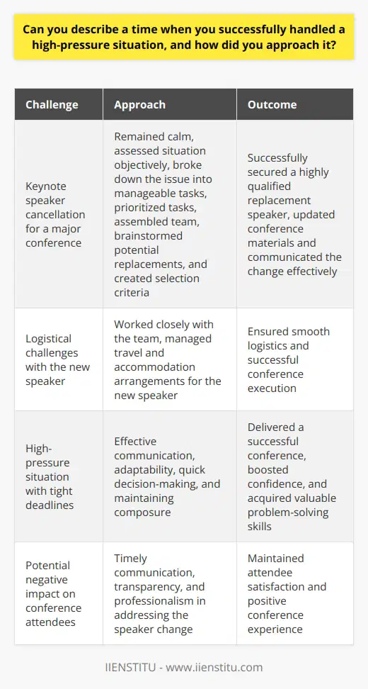 Handling high-pressure situations is a crucial skill in both personal and professional life. One such instance where I successfully navigated a challenging situation was during my final year of university. As the lead organizer of a major conference, I faced numerous obstacles that tested my ability to perform under pressure. The Challenge The conference was a significant event, with over 500 attendees expected from various universities and organizations. With just two weeks left until the event, our keynote speaker suddenly canceled due to unforeseen circumstances. This news left me in a state of panic, as finding a replacement speaker at such short notice seemed nearly impossible. Assessing the Situation I quickly realized that allowing myself to be overwhelmed by the situation would not solve the problem. Instead, I took a deep breath and began to assess the situation objectively. I broke down the issue into smaller, manageable tasks and prioritized them based on their urgency and importance. Developing a Plan I assembled my team and informed them of the situation. Together, we brainstormed potential replacement speakers and divided the responsibilities among ourselves. We created a list of criteria that the new speaker should meet to ensure they aligned with the conferences theme and objectives. Executing the Solution I personally reached out to several industry experts and academics who fit our criteria. I explained the situation and emphasized the opportunity to share their expertise with a diverse audience. After several discussions and negotiations, I successfully secured a new keynote speaker who was equally, if not more, qualified than the original speaker. Managing the Aftermath With the new speaker confirmed, I focused on updating all conference materials and communicating the change to attendees. I worked closely with my team to ensure that all logistical aspects were taken care of, including travel arrangements and accommodation for the new speaker. Reflection and Learning Looking back, I realized that my ability to remain calm, break down the problem, and find a solution was crucial in handling the high-pressure situation. I learned the importance of effective communication, both within my team and with external parties. This experience also taught me the value of adaptability and quick decision-making in the face of adversity. Conclusion Successfully handling high-pressure situations requires a combination of critical thinking, problem-solving skills, and emotional intelligence. By staying focused, working collaboratively, and maintaining open lines of communication, I was able to navigate a challenging situation and deliver a successful conference. This experience not only boosted my confidence but also equipped me with valuable skills that I continue to apply in my personal and professional life.