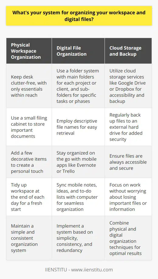 I have a simple but effective system for organizing my workspace and digital files. It involves a combination of physical and digital organization techniques that help me stay on top of my tasks and responsibilities. Physical Workspace Organization I like to keep my desk clutter-free, with only the essentials within reach. I use a small filing cabinet to store important documents and a few decorative items to add a personal touch. I also make sure to tidy up my workspace at the end of each day, so I can start fresh the next morning. Digital File Organization When it comes to digital files, I have a folder system that I stick to religiously. I create main folders for each project or client, and then sub-folders for specific tasks or phases of the project. I also use descriptive file names that make it easy to find what Im looking for later on. Cloud Storage and Backup To ensure that my files are always accessible and secure, I use a cloud storage service like Google Drive or Dropbox. This allows me to access my files from anywhere, and also serves as a backup in case something happens to my computer. I also make sure to regularly back up my files to an external hard drive, just in case. Staying Organized on the Go Even when Im away from my desk, I try to stay organized using mobile apps like Evernote or Trello. These allow me to jot down notes, ideas, and to-do lists on the go, and then easily sync them with my computer when Im back at my desk. Overall, my system for organizing my workspace and digital files is all about simplicity, consistency, and redundancy. By keeping things organized and backed up, I can focus on my work without worrying about losing important files or information.