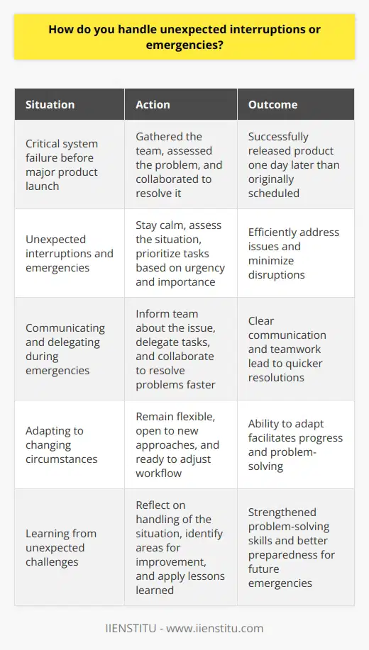 I handle unexpected interruptions and emergencies by staying calm and focused. I quickly assess the situation and prioritize tasks based on urgency and importance. Communicate and Delegate Clear communication is key. I inform my team about the issue and delegate tasks to address it efficiently. Collaboration helps resolve problems faster. Adapt and Be Flexible Emergencies often require adjusting plans. I remain flexible, open to new approaches, and ready to adapt my workflow. Rigid thinking only hinders progress. Learn and Improve After the emergency passes, I reflect on how it was handled. What went well? What could be improved? I apply these lessons to strengthen my problem-solving skills for the future. Stay Positive Throughout unexpected challenges, I maintain a positive attitude. Getting stressed or frustrated is counterproductive. I focus my energy on finding solutions and moving forward. In my previous role, a critical system went down right before a major product launch. I quickly gathered the team, assessed the problem, and we worked together to resolve it. We communicated status updates to stakeholders and adjusted launch plans as needed. In the end, we successfully released only one day later than originally scheduled. I learned the importance of staying levelheaded, collaborating closely, and being flexible with timelines. These lessons have served me well in navigating other unexpected situations since then.