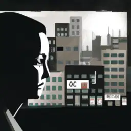 A man in silhouette stands with his head and torso visible looking out a window. The light from the outside illuminates his profile, and his chin is raised in a thoughtful pose. His right hand is partially visible, and his left hand is clasped in front of his body. His gaze is directed outward, and his facial features are barely visible. He appears to be deep in thought, and the scene is framed by curtains and the window frame. His presence is solemn and still, and he stands in contemplation of the unknown.