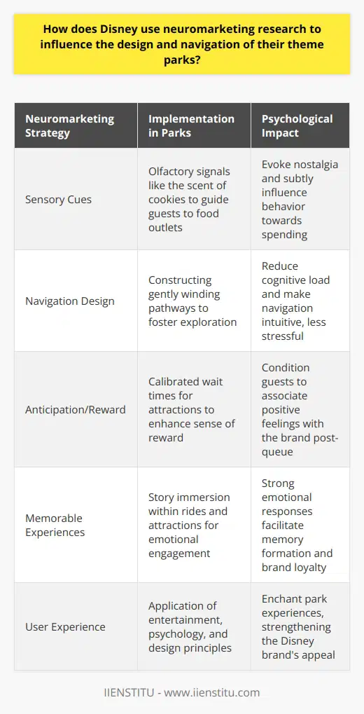 Disney's adoption of neuromarketing research to design and navigate their theme parks is a sophisticated exercise in cognitive science and experience design. This approach is centered on an in-depth understanding of how visitors' brains respond to environmental cues and how those responses influence their behaviors and memories.**Engagement through Sensory Cues**One of the cornerstones of neuromarketing in Disney parks is the meticulous crafting of sensory cues to evoke emotional responses. For instance, careful attention is given to olfactory cues throughout the parks. The scent of freshly baked cookies not only triggers a sense of nostalgia but subtly guides guests towards nearby food outlets.**Pathways and the Art of Navigation**When it comes to park navigation, Disney's research into neuromarketing manifests in the way pathways are constructed. Gently winding routes are believed to foster exploration and reduce guests' cognitive load, making the park feel intuitively navigable. This softens the stress of decision-making and creates a more enjoyable, carefree environment.**Anticipation and Reward Structures**Another neuromarketing strategy lies in how Disney structures the anticipation and reward cycle. Over time and through careful research, they've fine-tuned the balance between the wait times for attractions and the experience of the rides themselves, conditioning guests to feel a greater sense of reward after queuing.**Creating Memorable Experiences**Neuromarketing research has taught Disney that experiences are particularly memorable when they are tied to strong emotions. The parks achieve this through story immersion, allowing guests to take an active role within beloved narratives. These immersive elements not only lead to heightened emotional responses but also compound memory formation, enhancing guests' associations with Disney's brand.Disney's integration of neuromarketing principles into their theme park design and operations demonstrates an innovative fusion of entertainment, psychology, and user experience. These hidden layers of influence craft a more enchanting park experience and stand to reinforce the Disney brand's hold on the public's imagination.