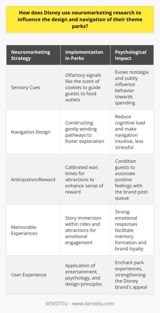 Disney's adoption of neuromarketing research to design and navigate their theme parks is a sophisticated exercise in cognitive science and experience design. This approach is centered on an in-depth understanding of how visitors' brains respond to environmental cues and how those responses influence their behaviors and memories.**Engagement through Sensory Cues**One of the cornerstones of neuromarketing in Disney parks is the meticulous crafting of sensory cues to evoke emotional responses. For instance, careful attention is given to olfactory cues throughout the parks. The scent of freshly baked cookies not only triggers a sense of nostalgia but subtly guides guests towards nearby food outlets.**Pathways and the Art of Navigation**When it comes to park navigation, Disney's research into neuromarketing manifests in the way pathways are constructed. Gently winding routes are believed to foster exploration and reduce guests' cognitive load, making the park feel intuitively navigable. This softens the stress of decision-making and creates a more enjoyable, carefree environment.**Anticipation and Reward Structures**Another neuromarketing strategy lies in how Disney structures the anticipation and reward cycle. Over time and through careful research, they've fine-tuned the balance between the wait times for attractions and the experience of the rides themselves, conditioning guests to feel a greater sense of reward after queuing.**Creating Memorable Experiences**Neuromarketing research has taught Disney that experiences are particularly memorable when they are tied to strong emotions. The parks achieve this through story immersion, allowing guests to take an active role within beloved narratives. These immersive elements not only lead to heightened emotional responses but also compound memory formation, enhancing guests' associations with Disney's brand.Disney's integration of neuromarketing principles into their theme park design and operations demonstrates an innovative fusion of entertainment, psychology, and user experience. These hidden layers of influence craft a more enchanting park experience and stand to reinforce the Disney brand's hold on the public's imagination.