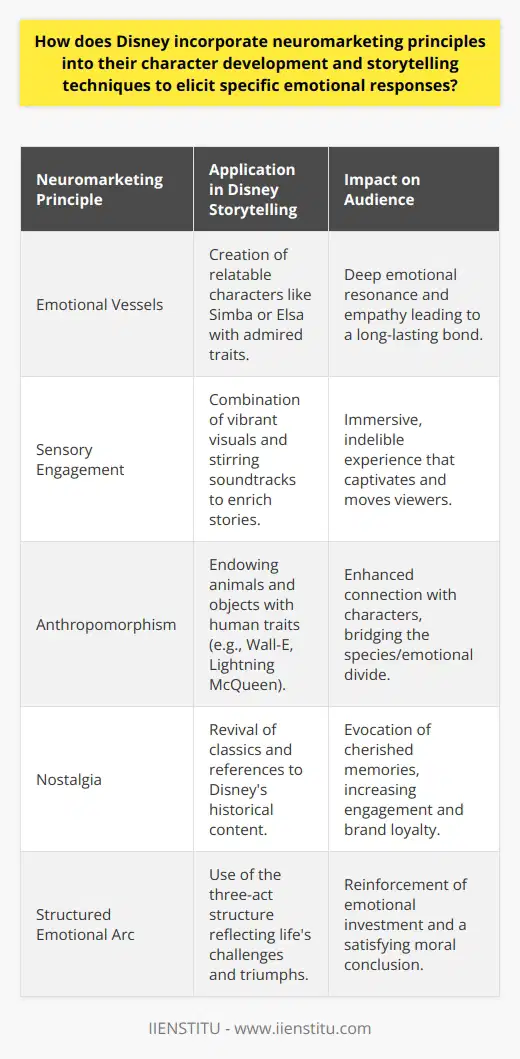 Disney, renowned for its enchanting tales and beloved characters, has adeptly harnessed the power of neuromarketing to forge deep emotional connections with its audience. By applying the science that underpins consumers' cognitive and affective processes, the company captivates both young and mature minds alike.The Magic of EmotionsAt the heart of Disney's neuromarketing approach lies the evocation of emotional responses. Characters are meticulously crafted to become powerful emotional vessels. Disney taps into the innate human attraction to certain traits — such as courage, kindness, and resilience — to cultivate characters that resonate profoundly with audiences. This emotional resonance is not accidental but the result of rigorously analyzing consumer preferences and attraction patterns.Characters like Simba or Elsa are imbued with qualities that children and adults admire, forming a relatable and aspirational figure. When viewers witness characters express genuine emotions — be it joy, sadness, fear, or bravery — they can't help but empathize, often forging a long-lasting bond founded on emotional experience.Sensory StorytellingDisney's stories are crafted to be a feast for the senses; vibrant visuals and stirring soundtracks work together to captivate viewers. The strategic use of color invokes mood and theme, while memorable music scores enhance the emotional depth of a narrative. For example, the use of heartfelt lullabies or rousing anthems triggers an emotional experience that is both immersive and indelible.Anthropomorphism is another technique Disney leverages flawlessly. By attributing human characteristics to animals and inanimate objects, Disney creates an array of expressive, engaging characters that viewers cannot help but love. The expressive eyes of Wall-E or the charming personality of Lightning McQueen demonstrate this concept in action, effectively bridging the species divide and rendering the character's emotions palpable.Harnessing NostalgiaDisney's storytelling brilliance also taps into the potent force of nostalgia. Through the revival of beloved classics or subtle references to Disney's own storied past, older audiences are transported back to their own youth — a time of wonder and innocence. This induces a warm, poignant sensation that is often linked to higher viewer engagement and brand loyalty. For instance, the reinvention of Beauty and the Beast awakens cherished childhood memories, creating a multifaceted appeal that stretches across generations.Structured for Emotional EngagementEmbracing the tried-and-true three-act structure, Disney narratives mirror life's own challenges and triumphs. Characters undertake journeys that reflect universally human experiences, thereby fostering an authentic emotional investment in their fates. Whether it’s the ‘hero’s journey’ narrative arc or the underlying message that ‘love conquers all,' these stories echo with the rhythm of familiar life patterns and shared values.This predictably satisfying narrative structure not only reassures but also reinforces the audience's emotional journey throughout the film. Anticipation builds, challenges arise, and resolution comes — often with a moral lesson that leaves a lasting impact.In essence, Disney's infusion of neuromarketing within character creation and storytelling is nothing short of spellbinding. By angling the multifaceted mirror of emotion, sensory stimulation, nostalgia, and universal story arcs toward its audience, Disney does more than tell a story — it ensures that each tale, each character becomes an indelible part of the viewer's emotional fabric, achieving a transcendent marketing magic that few brands can claim to equal.