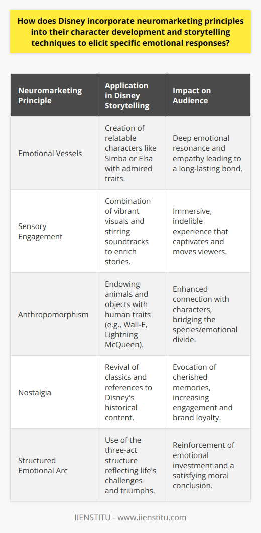 Disney, renowned for its enchanting tales and beloved characters, has adeptly harnessed the power of neuromarketing to forge deep emotional connections with its audience. By applying the science that underpins consumers' cognitive and affective processes, the company captivates both young and mature minds alike.The Magic of EmotionsAt the heart of Disney's neuromarketing approach lies the evocation of emotional responses. Characters are meticulously crafted to become powerful emotional vessels. Disney taps into the innate human attraction to certain traits — such as courage, kindness, and resilience — to cultivate characters that resonate profoundly with audiences. This emotional resonance is not accidental but the result of rigorously analyzing consumer preferences and attraction patterns.Characters like Simba or Elsa are imbued with qualities that children and adults admire, forming a relatable and aspirational figure. When viewers witness characters express genuine emotions — be it joy, sadness, fear, or bravery — they can't help but empathize, often forging a long-lasting bond founded on emotional experience.Sensory StorytellingDisney's stories are crafted to be a feast for the senses; vibrant visuals and stirring soundtracks work together to captivate viewers. The strategic use of color invokes mood and theme, while memorable music scores enhance the emotional depth of a narrative. For example, the use of heartfelt lullabies or rousing anthems triggers an emotional experience that is both immersive and indelible.Anthropomorphism is another technique Disney leverages flawlessly. By attributing human characteristics to animals and inanimate objects, Disney creates an array of expressive, engaging characters that viewers cannot help but love. The expressive eyes of Wall-E or the charming personality of Lightning McQueen demonstrate this concept in action, effectively bridging the species divide and rendering the character's emotions palpable.Harnessing NostalgiaDisney's storytelling brilliance also taps into the potent force of nostalgia. Through the revival of beloved classics or subtle references to Disney's own storied past, older audiences are transported back to their own youth — a time of wonder and innocence. This induces a warm, poignant sensation that is often linked to higher viewer engagement and brand loyalty. For instance, the reinvention of Beauty and the Beast awakens cherished childhood memories, creating a multifaceted appeal that stretches across generations.Structured for Emotional EngagementEmbracing the tried-and-true three-act structure, Disney narratives mirror life's own challenges and triumphs. Characters undertake journeys that reflect universally human experiences, thereby fostering an authentic emotional investment in their fates. Whether it’s the ‘hero’s journey’ narrative arc or the underlying message that ‘love conquers all,' these stories echo with the rhythm of familiar life patterns and shared values.This predictably satisfying narrative structure not only reassures but also reinforces the audience's emotional journey throughout the film. Anticipation builds, challenges arise, and resolution comes — often with a moral lesson that leaves a lasting impact.In essence, Disney's infusion of neuromarketing within character creation and storytelling is nothing short of spellbinding. By angling the multifaceted mirror of emotion, sensory stimulation, nostalgia, and universal story arcs toward its audience, Disney does more than tell a story — it ensures that each tale, each character becomes an indelible part of the viewer's emotional fabric, achieving a transcendent marketing magic that few brands can claim to equal.
