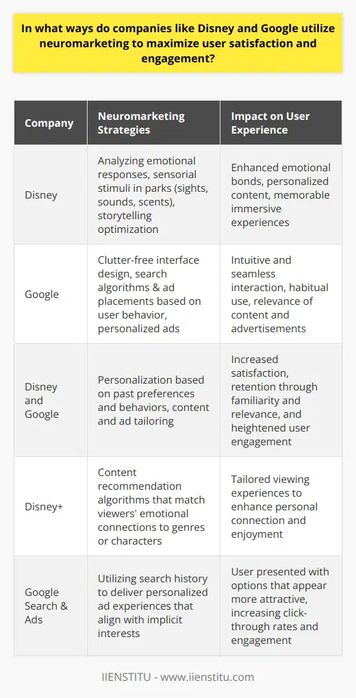 Neuromarketing is a scientific field where marketing meets neuroscience to understand consumer decision-making. Companies including Disney and Google leverage neuromarketing principles to tailor their strategies, elevating user satisfaction and deepening user engagement.Disney, esteemed for its captivating storytelling and immersive experiences, excels in establishing emotional bonds with customers. They apply neuromarketing by analyzing emotional responses to content and experiences, optimizing them to resonate with audiences across various demographics. Disney parks are designed to captivate the senses, with attention to sights, sounds, and even scents that trigger emotion and memory—engagement strategies deeply rooted in neuromarketing insights.Google, known for its pivotal role in the digital world, also capitalizes on neuromarketing to enhance user interaction. With a clutter-free interface and intuitive design, Google's search engine facilitates a seamless user experience aligned with cognitive ease—how easy the brain perceives an activity to be. This is a fundamental concept in neuromarketing, where ease and comfort in interaction lead to positive user experiences and habitual use.These companies are adept in using neuromarketing to fine-tune their marketing messages. Disney crafts stories and characters that evoke universal emotions, helping audiences form a personal connection with their brand. Google's search algorithms and ad placements are informed by extensive analysis of users' online behaviors, reflecting an understanding of the subconscious factors that drive attention and click-through rates.Furthermore, both entities delve into personalization, an offshoot of neuromarketing, to make services more relevant to the individual. Disney+ tailors content to viewers’ past preferences, leveraging their emotional connections to specific genres or characters. Meanwhile, Google uses search history and user behavior to deliver personalized ads, ensuring that users are presented with options that correspond to their implicit interests.In their quest to maximize user satisfaction and engagement, Disney and Google never shy away from harnessing cutting-edge technology that neuromarketing offers. Their application of these strategies underscores a deep appreciation for the cognitive processes that underpin human behavior, and a commitment to creating experiences that are not only memorable but are scientifically designed to satisfy and engage.