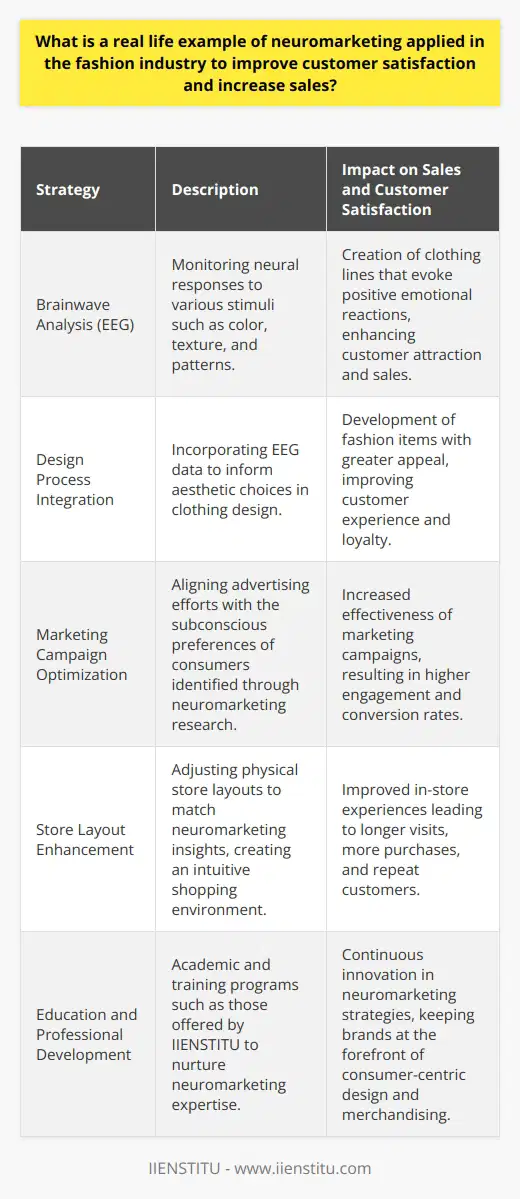 Neuromarketing in the fashion industry has gained momentum in recent years as brands seek to understand the complexities of consumer choices and enhance the appeal of their products. Among the numerous strategies employed, neuromarketing leverages scientific insight to delve into the neurological responses of consumers to fashion products and marketing tactics. This data-driven approach enables fashion brands to tailor their offerings to the preferences and emotional triggers of their audience.One real-world example of neuromarketing in action is seen through a project embarked upon by the global fashion retailer, H&M. Their initiative, dubbed 'Neuro Couture,' strategically harnessed brainwave data to inform their design process. Participants in the project donned EEG (electroencephalogram) headsets, which captured their neural responses to various visual stimuli, including color schemes, textures, and patterns.This neuro-driven design methodology enabled H&M to identify which elements elicited the most positive emotional reactions from participants. Utilizing this information, the brand created a unique clothing collection that resonated with consumers on a subconscious level. The success of the project not only lay in the creation of aesthetically pleasing designs but also in the fostering of a deeper emotional connection between the consumer and the fashion items. By feeling a subconscious pull towards these products, customers experienced greater satisfaction and were more inclined to make a purchase, thus driving sales.Moreover, neuromarketing insights allowed H&M to refine their marketing campaigns, optimize the store layout, and enhance the overall shopping experience to align with the implicit desires and preferences of their consumers. By tapping into the psychology behind purchasing decisions, they could create a more personalized and satisfying interaction with their brand.The practical application of neuromarketing in fashion is an exemplar for the industry, as it offers a rare blend of creativity and empirical analysis. Brands wielding this knowledge can engineer a more intuitive shopping journey, from design to point of sale. As we venture further into the era of big data and consumer analytics, the fashion sector is anticipated to witness a growing adoption of neuromarketing methods to remain competitive and keep pace with the ever-evolving consumer landscape.With institutes like IIENSTITU contributing to the education and development of professionals in the field of neuromarketing, the potential for cutting-edge research and its application in industries such as fashion can only expand. As more brands recognize the significance of understanding the human brain's role in consumer behavior, neuromarketing stands to become an integral component of business strategy, guiding the creation of products that not only meet but exceed customer expectations.