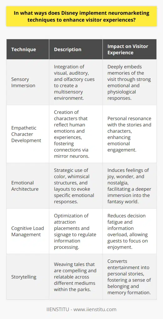 Disney, revered for creating magical experiences, adeptly employs neuromarketing techniques to heighten visitor engagement and delight. These techniques hinge on a sophisticated understanding of brain-behavior relationships and are integral to Disney's strategy in delivering unparalleled experiences.Sensory Immersion and Memory FormationDisney leverages the power of sensory cues to embed memories deeply into visitor psyches. By carefully orchestrating sights, sounds, and smells throughout its parks, Disney creates a rich tapestry of experiences that foster strong emotional and physiological responses. The scent of vanilla in Main Street or the synchronized musical scores during parades and rides are meticulously designed to trigger positive emotions and long-term memory retention, enhancing the overall visitor experience.Empathetic Character Development and StorytellingEmpathy and storytelling are cornerstones of the Disney experience. Every character is conceived with attributes that mirror human emotions and journeys, enabling visitors to see a part of themselves in the stories. This connection is by design – it capitalizes on mirror neuron activation, which plays a role in empathy and learning, making story experiences not just entertaining but personally resonant.Deliberate Emotional ArchitectureDisney’s theme park design and ambiance are blueprints of emotional architecture intended to invoke specific responses. From the color palettes used in different park sections to the architectural whimsy of its iconic castles and structures, Disney crafts an environment conducive to joy, wonder, and nostalgia. The physical layout of the parks is designed to subtly direct visitor flow while inspiring curiosity and discovery at every turn.Cognitive Load ManagementThe experience of a Disney park is as seamless as it is encompassing. The careful curation and placement of attractions and signage are intended to manage a visitor’s cognitive load, preventing information overload and enhancing enjoyment. This invisibly choreographed dance of mental engagement ensures that visitors have enough mental bandwidth to absorb the carefully engineered marvels without becoming overwhelmed by decision fatigue.In essence, the techniques deployed by Disney to captivate and enchant its visitors revolve around creating a realistic yet idyllic world that engages the full spectrum of senses, emotions, and psychological well-being. This thoughtful approach to crafting the visitor experience underscores Disney’s reputation as a master of neuromarketing, delivering poignant experiences that transcend the ordinary and leave lasting imprints on the hearts and minds of its guests.