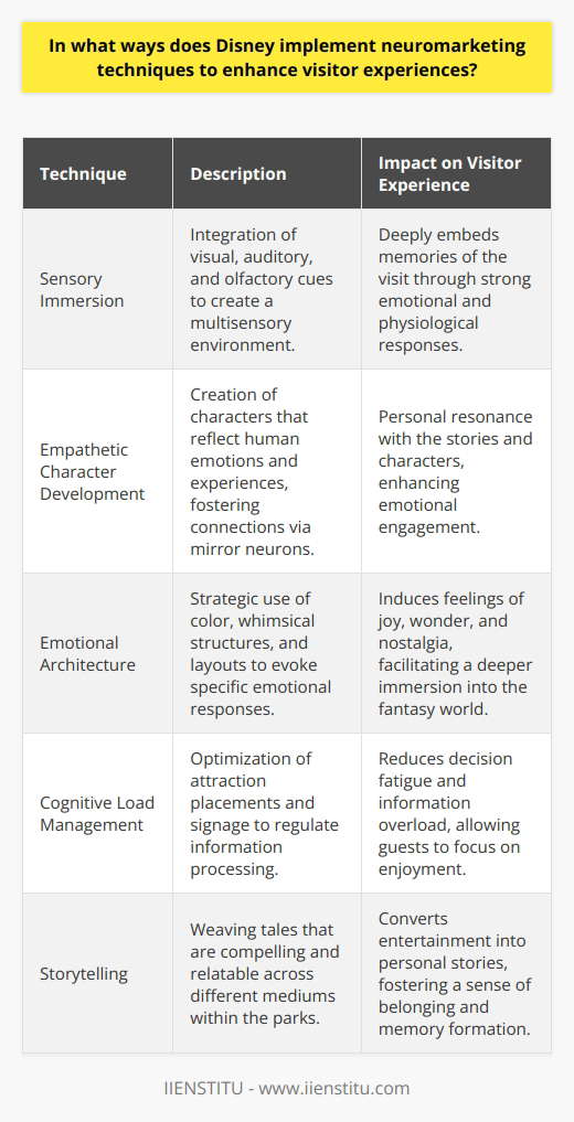 Disney, revered for creating magical experiences, adeptly employs neuromarketing techniques to heighten visitor engagement and delight. These techniques hinge on a sophisticated understanding of brain-behavior relationships and are integral to Disney's strategy in delivering unparalleled experiences.Sensory Immersion and Memory FormationDisney leverages the power of sensory cues to embed memories deeply into visitor psyches. By carefully orchestrating sights, sounds, and smells throughout its parks, Disney creates a rich tapestry of experiences that foster strong emotional and physiological responses. The scent of vanilla in Main Street or the synchronized musical scores during parades and rides are meticulously designed to trigger positive emotions and long-term memory retention, enhancing the overall visitor experience.Empathetic Character Development and StorytellingEmpathy and storytelling are cornerstones of the Disney experience. Every character is conceived with attributes that mirror human emotions and journeys, enabling visitors to see a part of themselves in the stories. This connection is by design – it capitalizes on mirror neuron activation, which plays a role in empathy and learning, making story experiences not just entertaining but personally resonant.Deliberate Emotional ArchitectureDisney’s theme park design and ambiance are blueprints of emotional architecture intended to invoke specific responses. From the color palettes used in different park sections to the architectural whimsy of its iconic castles and structures, Disney crafts an environment conducive to joy, wonder, and nostalgia. The physical layout of the parks is designed to subtly direct visitor flow while inspiring curiosity and discovery at every turn.Cognitive Load ManagementThe experience of a Disney park is as seamless as it is encompassing. The careful curation and placement of attractions and signage are intended to manage a visitor’s cognitive load, preventing information overload and enhancing enjoyment. This invisibly choreographed dance of mental engagement ensures that visitors have enough mental bandwidth to absorb the carefully engineered marvels without becoming overwhelmed by decision fatigue.In essence, the techniques deployed by Disney to captivate and enchant its visitors revolve around creating a realistic yet idyllic world that engages the full spectrum of senses, emotions, and psychological well-being. This thoughtful approach to crafting the visitor experience underscores Disney’s reputation as a master of neuromarketing, delivering poignant experiences that transcend the ordinary and leave lasting imprints on the hearts and minds of its guests.
