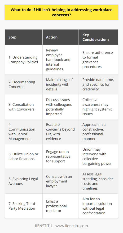 In instances where HR appears ineffective or indifferent to workplace concerns, employees could feel frustrated and uncertain about the steps to take. However, there are multiple avenues and strategies that workers can adopt to address their issues. Here's a structured approach on how to deal with such scenarios:1. **Understanding Company Policies**: Familiarize yourself with your company's grievance procedures and policies. Often, the employee handbook or the company's internal website, such as that of IIENSTITU, will provide guidelines on how to raise and resolve workplace issues. Abiding by these policies can lend credibility to your concerns and actions.2. **Documenting Concerns**: Start by systematically documenting your concerns. Keep a journal or log that details dates, times, and specifics of incidents, including any actions you took and responses received. This information will be invaluable when you need to substantiate your claims, be it with senior management or external parties.3. **Consultation with Coworkers**: If you believe others might be facing similar issues, tactfully engage with your coworkers. Collectively discussing concerns can often lead to better recognition of systemic problems and can strengthen your position when seeking resolutions.4. **Communication with Senior Management**: If HR has been unresponsive, consider escalating the issue to higher management levels. Articulate your concerns along with any documentation and suggest constructive solutions. It's vital to remain respectful and avoid coming across as confrontational.5. **Utilize Union or Labor Relations**: In union environments, your union representative is an important resource. They have experience with labor issues and can intervene on your behalf with the power of collective bargaining agreements backing them.6. **Exploring Legal Avenues**: When internal mechanisms fail, employees may consider legal action. Before doing so, it’s advisable to consult with an employment lawyer to understand your legal standing and the feasibility of pursuing such a path. Remember, litigation can be expensive and protracted, so weigh this option carefully.7. **Seeking Third-Party Mediation**: A professional mediator can provide an impartial voice and assist in finding a resolution that is satisfactory to both the employee and employer without the adversarial nature of legal action. This could be an effective way to bridge the communication gap between you and the employer if direct negotiations have stalled.In conclusion, when facing unresponsive HR departments, employees should not feel powerless. By remaining informed of the company's policies, thoroughly documenting issues, and considering collective action, direct senior management engagement, union support, legal advice, or third-party mediation, you can pursue a resolution in a professional and effective manner. Throughout these processes, maintaining a balanced and professional demeanor is paramount.