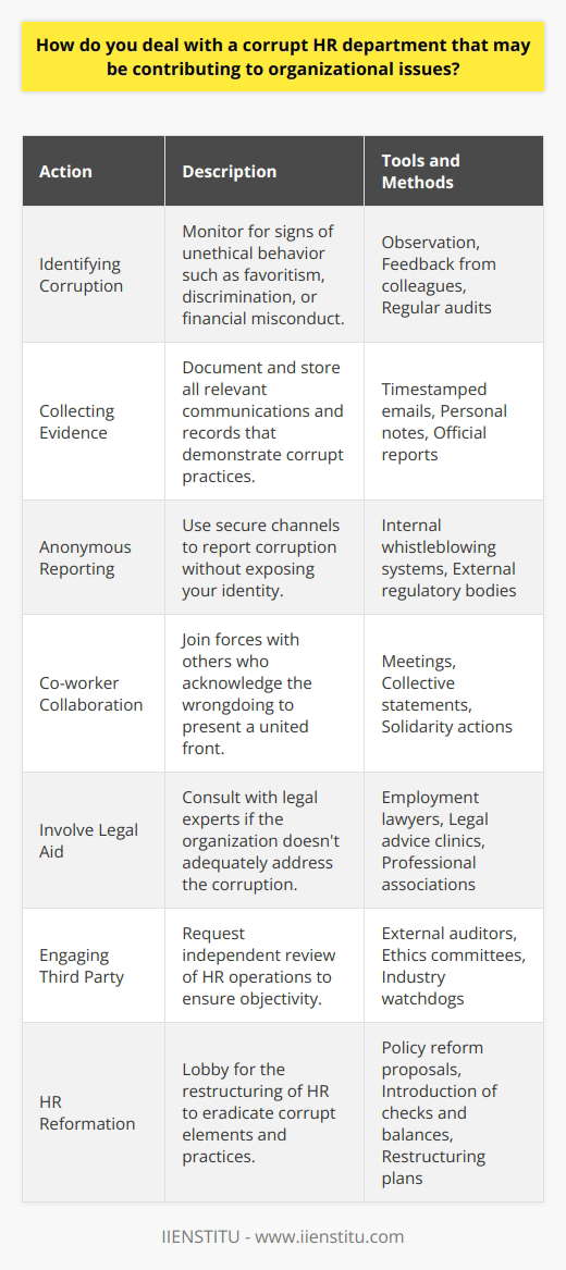 Dealing with a corrupt HR department can undermine trust and affect morale within an organization. To address such a profound issue effectively, it's critical to approach the situation systematically and ethically.**Identifying Corruption**:Recognizing signs of corruption in HR is the first step. This may include favoritism, discrimination, embezzlement, or breaches in confidentiality. It requires a keen eye to distinguish between isolated incidents and patterns of unethical behavior that indicate systemic corruption.**Collecting Evidence**:Building a solid case is essential. Maintain a record of questionable decisions, conversations, and transactions. Documentation may consist of time-stamped emails, detailed personal notes, official reports, and any other pertinent information that can corroborate claims of corrupt practices.**Anonymous Reporting**:Ensure your safety and job security by making use of platforms designed to protect whistle-blowers. Submit your evidence anonymously through internal reporting systems or external bodies designed to investigate corporate misconduct.**Co-worker Collaboration**:Band together with colleagues who have either been affected by or have witnessed the corruption in HR. There is strength in numbers, and collective testimony can often push the management to take such allegations more seriously.**Involve Legal Aid**:If the organization fails to respond appropriately, seek legal advice. A lawyer specializing in employment law can provide guidance on the next steps and, if necessary, facilitate legal proceedings.**Engaging Third Party**:Request an independent audit of the HR department. An external auditor can offer unbiased insights into the integrity of HR practices and highlight areas where corrupt activities are taking place.**HR Reformation**:Advocate for comprehensive changes within the HR department. This could involve revising HR policies, introducing checks and balances, and reevaluating the HR team itself. The goal is to dismantle the infrastructure that permits corruption and to rebuild an HR department that upholds ethical standards and actively contributes to a just organizational climate.In the fight against HR corruption, one needs to remain vigilant, principled, and proactive. Combating systemic issues within an organization can be daunting, but with the right approach, change is possible. By diligently collecting evidence, utilizing anonymous channels for reporting, collaborating with allies, seeking legal counsel, engaging third-party auditors, and driving for structural HR reforms, employees can contribute to a culture of integrity and promote ethical practices within their workplace.