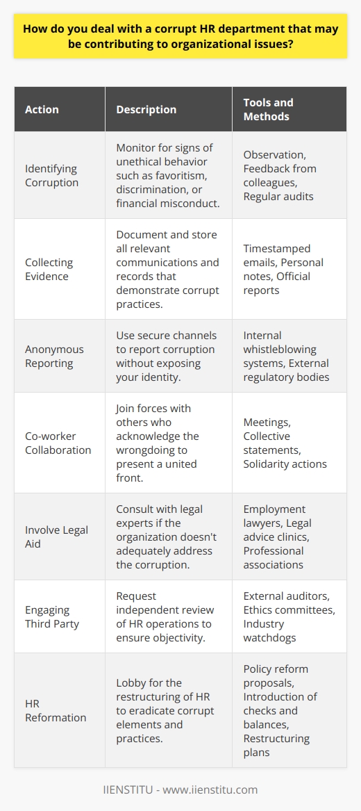 Dealing with a corrupt HR department can undermine trust and affect morale within an organization. To address such a profound issue effectively, it's critical to approach the situation systematically and ethically.**Identifying Corruption**:Recognizing signs of corruption in HR is the first step. This may include favoritism, discrimination, embezzlement, or breaches in confidentiality. It requires a keen eye to distinguish between isolated incidents and patterns of unethical behavior that indicate systemic corruption.**Collecting Evidence**:Building a solid case is essential. Maintain a record of questionable decisions, conversations, and transactions. Documentation may consist of time-stamped emails, detailed personal notes, official reports, and any other pertinent information that can corroborate claims of corrupt practices.**Anonymous Reporting**:Ensure your safety and job security by making use of platforms designed to protect whistle-blowers. Submit your evidence anonymously through internal reporting systems or external bodies designed to investigate corporate misconduct.**Co-worker Collaboration**:Band together with colleagues who have either been affected by or have witnessed the corruption in HR. There is strength in numbers, and collective testimony can often push the management to take such allegations more seriously.**Involve Legal Aid**:If the organization fails to respond appropriately, seek legal advice. A lawyer specializing in employment law can provide guidance on the next steps and, if necessary, facilitate legal proceedings.**Engaging Third Party**:Request an independent audit of the HR department. An external auditor can offer unbiased insights into the integrity of HR practices and highlight areas where corrupt activities are taking place.**HR Reformation**:Advocate for comprehensive changes within the HR department. This could involve revising HR policies, introducing checks and balances, and reevaluating the HR team itself. The goal is to dismantle the infrastructure that permits corruption and to rebuild an HR department that upholds ethical standards and actively contributes to a just organizational climate.In the fight against HR corruption, one needs to remain vigilant, principled, and proactive. Combating systemic issues within an organization can be daunting, but with the right approach, change is possible. By diligently collecting evidence, utilizing anonymous channels for reporting, collaborating with allies, seeking legal counsel, engaging third-party auditors, and driving for structural HR reforms, employees can contribute to a culture of integrity and promote ethical practices within their workplace.