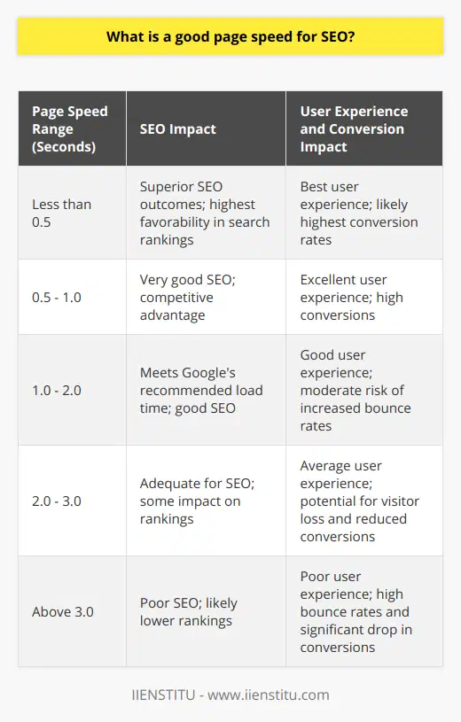 Optimal page speed is critical when considering SEO and the overall success of a website. According to industry best practices, a webpage should load as fast as possible, preferably in under a second, to ensure a competitive edge. Google has indicated that the ideal loading time is less than two seconds; however, webpages that load in less than half a second are positioned for superior SEO outcomes.The importance of page speed extends beyond search engine ranking. It correlates directly with user experience, which impacts how visitors interact with a website. Slower page speeds are notorious for prompting higher bounce rates as users tend to abandon webpages that take too long to load. In fact, statistics have uncovered that a one-second delay in page load time can result in a 16% dip in customer satisfaction.Website conversions also depend heavily on page speed. For businesses in the e-commerce and service industries, this relationship is paramount. Performance improvements by increments as small as 0.1 seconds have been associated with conversion rate increases of up to 10% in retail and travel sectors.When it comes to SEO, Google has unambiguously integrated page speed into its ranking algorithms. Faster pages are favored in search results, thus gaining improved visibility and an opportunity for higher organic traffic.There are several tools available that help webmasters measure and optimize their website's loading speed. Among them, Google's PageSpeed Insights is a commonly utilized resource that provides actionable recommendations for performance enhancements. Another such tool is GTMetrix, which offers a suite of features for in-depth speed analysis.Optimization strategies for enhancing page speed include optimizing image file sizes, utilizing efficient coding practices, leveraging browser caching, and minimizing server response times. It is essential to conduct periodic website audits, which can identify bottlenecks and offer insights for ongoing improvement efforts.In essence, the aim for webmasters should be to achieve a super-fast loading time, hovering below the one-second mark, to deliver the best SEO and user experience possible. By keeping a vigilant eye on page speed and implementing continuous optimization strategies, websites can consistently offer quick, responsive, and user-friendly experiences, which in turn can lead to better SEO outcomes and conversion rates.