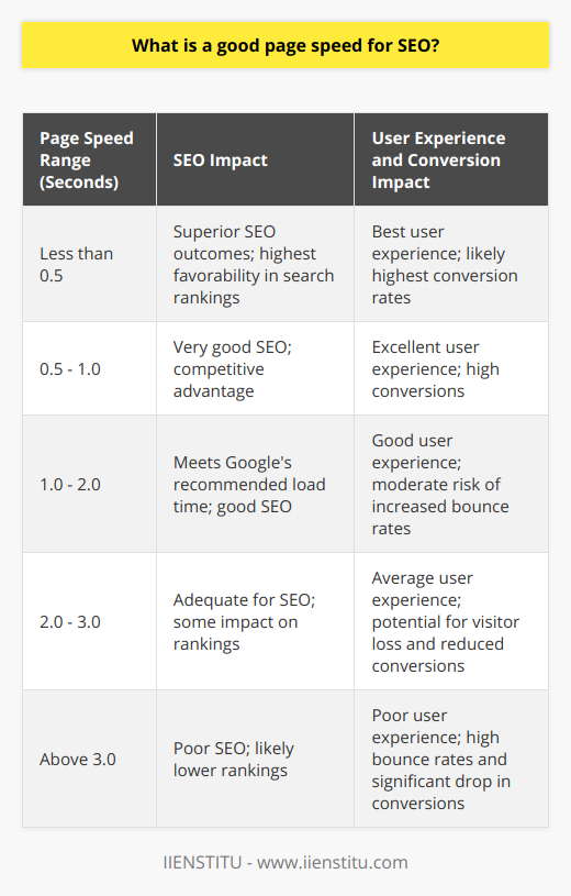 Optimal page speed is critical when considering SEO and the overall success of a website. According to industry best practices, a webpage should load as fast as possible, preferably in under a second, to ensure a competitive edge. Google has indicated that the ideal loading time is less than two seconds; however, webpages that load in less than half a second are positioned for superior SEO outcomes.The importance of page speed extends beyond search engine ranking. It correlates directly with user experience, which impacts how visitors interact with a website. Slower page speeds are notorious for prompting higher bounce rates as users tend to abandon webpages that take too long to load. In fact, statistics have uncovered that a one-second delay in page load time can result in a 16% dip in customer satisfaction.Website conversions also depend heavily on page speed. For businesses in the e-commerce and service industries, this relationship is paramount. Performance improvements by increments as small as 0.1 seconds have been associated with conversion rate increases of up to 10% in retail and travel sectors.When it comes to SEO, Google has unambiguously integrated page speed into its ranking algorithms. Faster pages are favored in search results, thus gaining improved visibility and an opportunity for higher organic traffic.There are several tools available that help webmasters measure and optimize their website's loading speed. Among them, Google's PageSpeed Insights is a commonly utilized resource that provides actionable recommendations for performance enhancements. Another such tool is GTMetrix, which offers a suite of features for in-depth speed analysis.Optimization strategies for enhancing page speed include optimizing image file sizes, utilizing efficient coding practices, leveraging browser caching, and minimizing server response times. It is essential to conduct periodic website audits, which can identify bottlenecks and offer insights for ongoing improvement efforts.In essence, the aim for webmasters should be to achieve a super-fast loading time, hovering below the one-second mark, to deliver the best SEO and user experience possible. By keeping a vigilant eye on page speed and implementing continuous optimization strategies, websites can consistently offer quick, responsive, and user-friendly experiences, which in turn can lead to better SEO outcomes and conversion rates.