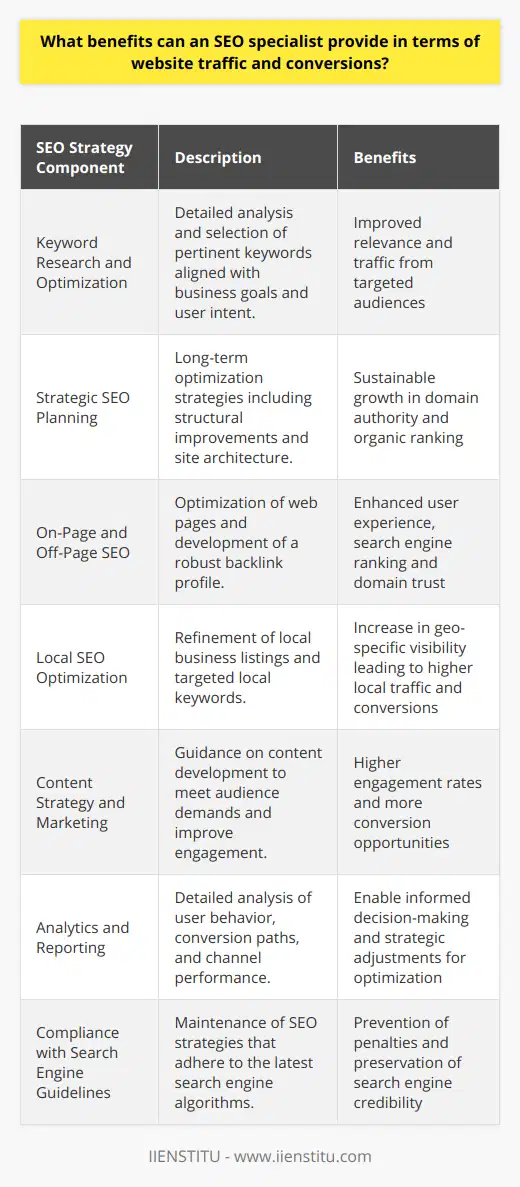An SEO specialist brings a blend of technical expertise and marketing insight to the table, fostering an environment where a website not only ranks highly in search engine results but also resonates with its intended audience.**Meticulous Keyword Research and Optimization**One of the primary ways an SEO specialist can improve website traffic is through meticulous research and optimization of keywords that align with the business's objectives and audience's search intent. Not only does this involve curating a list of relevant keywords, but it also includes analyzing competitors, understanding seasonal trends, and monitoring keyword performance over time to make informed adjustments.**Strategic SEO Planning for Long-Term Growth**An SEO specialist doesn't simply aim for quick wins; they execute a strategic SEO plan that aligns with long-term business goals. This involves structural optimizations such as schema markup, which helps search engines understand content context, and the intelligent structuring of a site to promote link equity across pages, enhancing the domain's authority and ranking potential.**On-Page and Off-Page SEO Enhancements**On-page SEO refinements ensure that every page is optimized for both search engines and users. This entails creating meta tags that spark interest, utilizing header tags for content hierarchy, and ensuring that alt text for images is descriptive and contextually relevant. Off-page SEO techniques, such as developing a healthy backlink profile, cement a website's reputation and authority within its niche.**Local SEO for Geo-Targeted Visibility**If applicable, an SEO specialist will optimize a website for local search, refining local business listings and leveraging localized keywords. This increases visibility among a geo-targeted audience, leading to traffic that's more likely to convert given its proximity and relevance to the business.**Content Strategy and Marketing**An often overlooked yet crucial aspect of an SEO specialist's role is guiding content strategy. High-quality, engaging content is an anchor for effective SEO, and it's this content that captivates and retains user attention. By identifying gaps and opportunities based on what audiences are searching for, SEO specialists can recommend types of content that would perform well, leading to greater engagement and conversion opportunities.**Comprehensive Analytics and Reporting**The ability to analyze and interpret data is a cornerstone of effective SEO. An SEO specialist provides detailed analytics and reporting that goes beyond surface-level metrics, diving into user behavior, conversion pathways, and multi-channel attribution. By understanding these elements, they can fine-tune strategies to capitalize on what works and improve or pivot away from what doesn't.**Ensuring Compliance with Search Engine Guidelines**Finally, SEO specialists play a crucial role in ensuring that websites are compliant with search engine guidelines. With the constant evolution of algorithms, a strategy that worked yesterday might become obsolete or, worse yet, result in penalties tomorrow. Understanding these guidelines and adjusting strategies accordingly helps safeguard a website’s traffic and authority.In wrapping up, the myriad benefits offered by an SEO specialist are instrumental in not just driving traffic, but ensuring that the traffic is relevant, engaged, and ready to take action. They help businesses navigate the complex and ever-changing landscape of search engine optimization, resulting in a robust online presence that contributes to overall success.