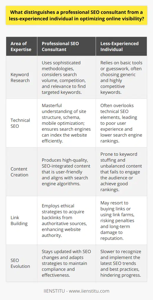 In the increasingly competitive digital landscape, a professional SEO consultant stands out from their less-experienced counterparts with a deep understanding of the strategies and techniques that drive online visibility and success. Here's an exploration of the key distinguishing factors:Profound Insights into Keyword ResearchThe effectiveness of an SEO campaign largely rests upon selecting the right keywords. A professional SEO consultant exhibits a nuanced grasp of keyword research, using sophisticated methodologies to uncover terms that reveal users' intent and match with the website's offerings. While novices might rely on basic tools or guesswork, seasoned consultants analyze search volume, competition level, and relevance meticulously to formulate a potent keyword strategy that steers clear of generic, highly competitive terms in favor of more attainable, targeted options.Technical SEO MasteryOnline visibility is rooted as much in technical proficiency as it is in content. A professional SEO consultant displays mastery in comprehending and enhancing the technical elements of a website, such as site structure, schema markup, mobile optimization, and crawlability. They delve into server response codes, XML sitemaps, and canonical tags to ensure search engines can efficiently navigate and index a website. This contrasts sharply with those less experienced, who might neglect these critical components, resulting in a fragmented user experience and diminished search engine rankings.Content Creation ExcellenceContent is king in the realm of SEO, and professional consultants take this adage seriously. They are adept at weaving SEO into content without compromising on quality, making each piece valuable, informative, and share-worthy. This not only entices users but also aligns with the preferences of increasingly sophisticated search engine algorithms. Novices, however, might overstuff content with keywords or fail to strike a balance between SEO and user engagement, leading to content that neither ranks well nor resonates with the audience.Strategic Link BuildingA network of quality backlinks signals authority and trustworthiness to search engines, and crafting this network is an art form understood by professional SEO consultants. They build relationships and utilize ethical strategies to secure backlinks from authoritative domains, thereby bolstering a website's position in search results. Those with less experience might turn to quick-win tactics like purchasing links or using link farms, which risk penalties and degrade a website's standing over time.Keeping Pace with SEO EvolutionThe evolution of SEO is constant and rapid, and staying abreast of these changes is what sets a professional SEO consultant apart. They invest time in continuous learning and adapt to algorithmic shifts, ensuring their strategies remain effective and compliant with best practices. Less-experienced individuals who ignore these pivotal changes, or are slower to adapt, risk falling behind and implementing outdated tactics that yield little to no benefit.A professional SEO consultant stands as a beacon of expertise and adaptability in the vast ocean of online marketing. Their comprehensive approach to keyword research, technical SEO, content creation, link building, and staying on the pulse of SEO trends translates into tangible online visibility and business success.