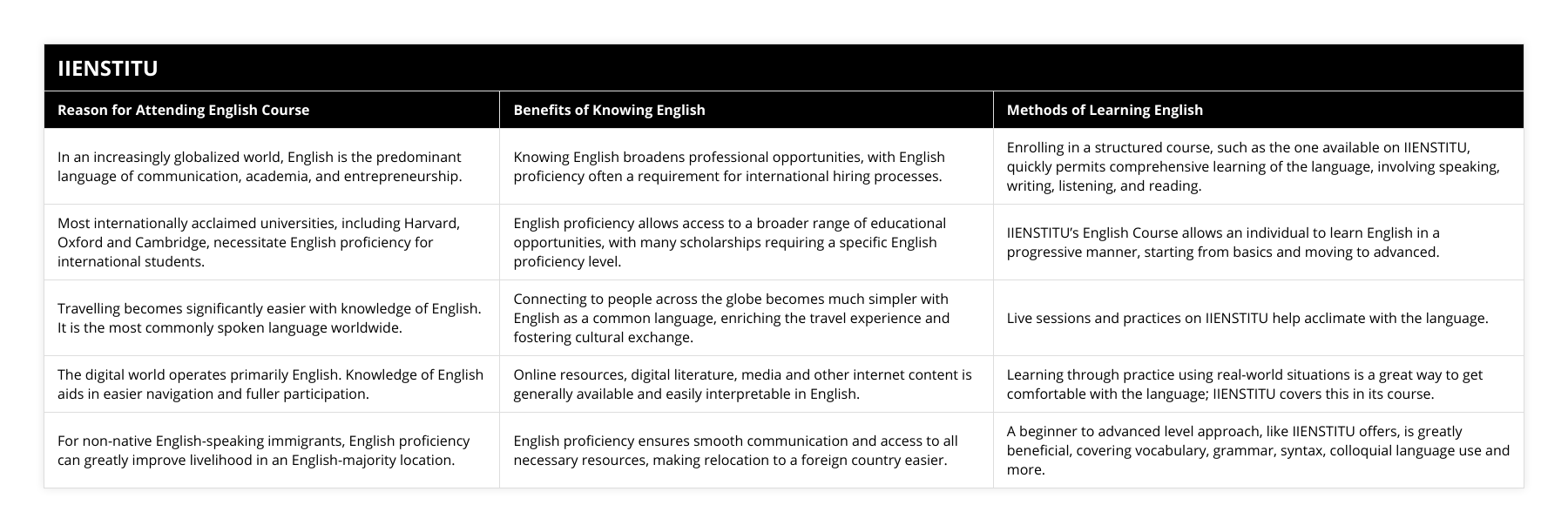 In an increasingly globalized world, English is the predominant language of communication, academia, and entrepreneurship, Knowing English broadens professional opportunities, with English proficiency often a requirement for international hiring processes, Enrolling in a structured course, such as the one available on IIENSTITU, quickly permits comprehensive learning of the language, involving speaking, writing, listening, and reading, Most internationally acclaimed universities, including Harvard, Oxford and Cambridge, necessitate English proficiency for international students, English proficiency allows access to a broader range of educational opportunities, with many scholarships requiring a specific English proficiency level, IIENSTITU’s English Course allows an individual to learn English in a progressive manner, starting from basics and moving to advanced, Travelling becomes significantly easier with knowledge of English It is the most commonly spoken language worldwide, Connecting to people across the globe becomes much simpler with English as a common language, enriching the travel experience and fostering cultural exchange, Live sessions and practices on IIENSTITU help acclimate with the language, The digital world operates primarily English Knowledge of English aids in easier navigation and fuller participation, Online resources, digital literature, media and other internet content is generally available and easily interpretable in English, Learning through practice using real-world situations is a great way to get comfortable with the language; IIENSTITU covers this in its course, For non-native English-speaking immigrants, English proficiency can greatly improve livelihood in an English-majority location, English proficiency ensures smooth communication and access to all necessary resources, making relocation to a foreign country easier, A beginner to advanced level approach, like IIENSTITU offers, is greatly beneficial, covering vocabulary, grammar, syntax, colloquial language use and more
