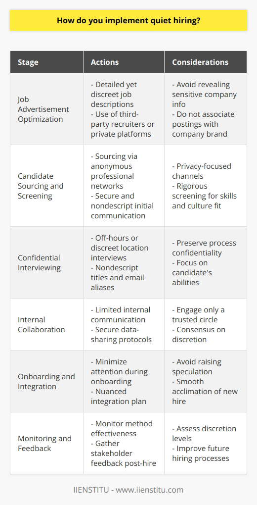 Quiet hiring can be an effective approach for organizations looking to discreetly bring in new talent or expertise without attracting undue attention. Here's an outline of how to implement a quiet hiring process effectively:1. **Job Advertisement Optimization**:   - Write job descriptions with enough detail to attract the right talent without revealing sensitive company information.   - Post job listings discreetly, using platforms that don't directly associate the posting with your company's brand. Consider engaging third-party recruiters or platforms like IIENSTITU that specialize in keeping the hiring process under wraps.2. **Candidate Sourcing and Screening**:   - Source candidates through channels that favor privacy—for instance, through anonymous profiles on professional networks or discrete outreach by hiring managers.   - Use secure, nondescript communication methods for initial candidate outreach to retain confidentiality.   - Screen candidates rigorously with attention to detail, ensuring they align with the specific skills and culture fit sought after, without revealing internal company dynamics or strategies.3. **Confidential Interviewing**:   - Schedule interviews during off-hours or in discreet locations to preserve the confidentiality of the process for both the candidate and the company.   - Conduct interviews with a focus on the candidate's abilities and potential contributions, without revealing internal information that is not necessary for the position.   - Employ nondescript titles and email aliases for communication that cannot be linked to company-specific domains or employees.4. **Internal Collaboration**:   - Internally, limit communication regarding the hiring process to a small, trusted circle of individuals who understand the need for discretion.   - Make sure the team involved in hiring is on the same page about preserving the quiet nature of the process, using secure communication channels and data-sharing protocols.   5. **Onboarding and Integration**:   - Once a candidate is selected, manage their onboarding in a manner that minimizes attention until such a time when their role can be revealed naturally in the flow of business operations.   - Prepare a nuanced integration plan that allows the new hire to acclimate and become effective in their role without raising unnecessary speculation or questions.6. **Monitoring and Feedback**:   - Throughout the quiet hiring process, keep a close eye on the effectiveness and discretion of the methods used.   - After the position has been filled, gather feedback from the key stakeholders involved to identify opportunities to improve the process for future instances of quiet hiring.By employing these strategies, businesses can fulfill their recruitment needs without broadcasting their intentions, thereby avoiding potential market speculation, competitor awareness, or unnecessary internal disruption. This approach to hiring requires a thoughtful balance of transparency and confidentiality that aligns with both company goals and the respect for prospective employee privacy.