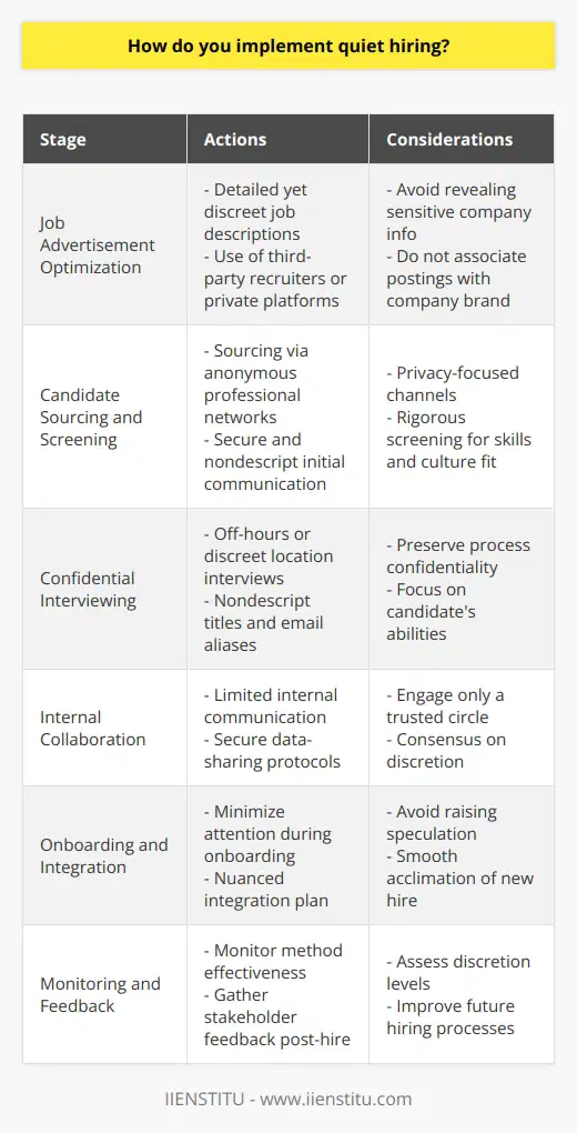 Quiet hiring can be an effective approach for organizations looking to discreetly bring in new talent or expertise without attracting undue attention. Here's an outline of how to implement a quiet hiring process effectively:1. **Job Advertisement Optimization**:   - Write job descriptions with enough detail to attract the right talent without revealing sensitive company information.   - Post job listings discreetly, using platforms that don't directly associate the posting with your company's brand. Consider engaging third-party recruiters or platforms like IIENSTITU that specialize in keeping the hiring process under wraps.2. **Candidate Sourcing and Screening**:   - Source candidates through channels that favor privacy—for instance, through anonymous profiles on professional networks or discrete outreach by hiring managers.   - Use secure, nondescript communication methods for initial candidate outreach to retain confidentiality.   - Screen candidates rigorously with attention to detail, ensuring they align with the specific skills and culture fit sought after, without revealing internal company dynamics or strategies.3. **Confidential Interviewing**:   - Schedule interviews during off-hours or in discreet locations to preserve the confidentiality of the process for both the candidate and the company.   - Conduct interviews with a focus on the candidate's abilities and potential contributions, without revealing internal information that is not necessary for the position.   - Employ nondescript titles and email aliases for communication that cannot be linked to company-specific domains or employees.4. **Internal Collaboration**:   - Internally, limit communication regarding the hiring process to a small, trusted circle of individuals who understand the need for discretion.   - Make sure the team involved in hiring is on the same page about preserving the quiet nature of the process, using secure communication channels and data-sharing protocols.   5. **Onboarding and Integration**:   - Once a candidate is selected, manage their onboarding in a manner that minimizes attention until such a time when their role can be revealed naturally in the flow of business operations.   - Prepare a nuanced integration plan that allows the new hire to acclimate and become effective in their role without raising unnecessary speculation or questions.6. **Monitoring and Feedback**:   - Throughout the quiet hiring process, keep a close eye on the effectiveness and discretion of the methods used.   - After the position has been filled, gather feedback from the key stakeholders involved to identify opportunities to improve the process for future instances of quiet hiring.By employing these strategies, businesses can fulfill their recruitment needs without broadcasting their intentions, thereby avoiding potential market speculation, competitor awareness, or unnecessary internal disruption. This approach to hiring requires a thoughtful balance of transparency and confidentiality that aligns with both company goals and the respect for prospective employee privacy.