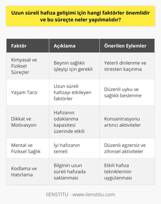 Özetle, uzun süreli hafıza gelişimi için dikkate alınması gereken faktörler şunlardır: beyinde kimyasal ve fiziksel süreçlere önem vermek, yaşam tarzı faktörlerini göz önünde bulundurarak düzenli uyku ve sağlıklı beslenme alışkanlıkları edinmek, dikkat düzeyleri ve motivasyon üzerinde çalışmak, zihinsel ve fiziksel sağlığa özen göstermek ve bilgiyi doğru bir şekilde kodlama ve hatırlama yeteneğine dikkat etmek. Bu faktörlerle birlikte, düzenli beyin egzersizleri yapmak, sağlıklı bir yaşam tarzı benimsemek ve etkili hafıza tekniklerini kullanmak, uzun süreli hafıza gelişimi sürecinde başarılı olmak için önemlidir.