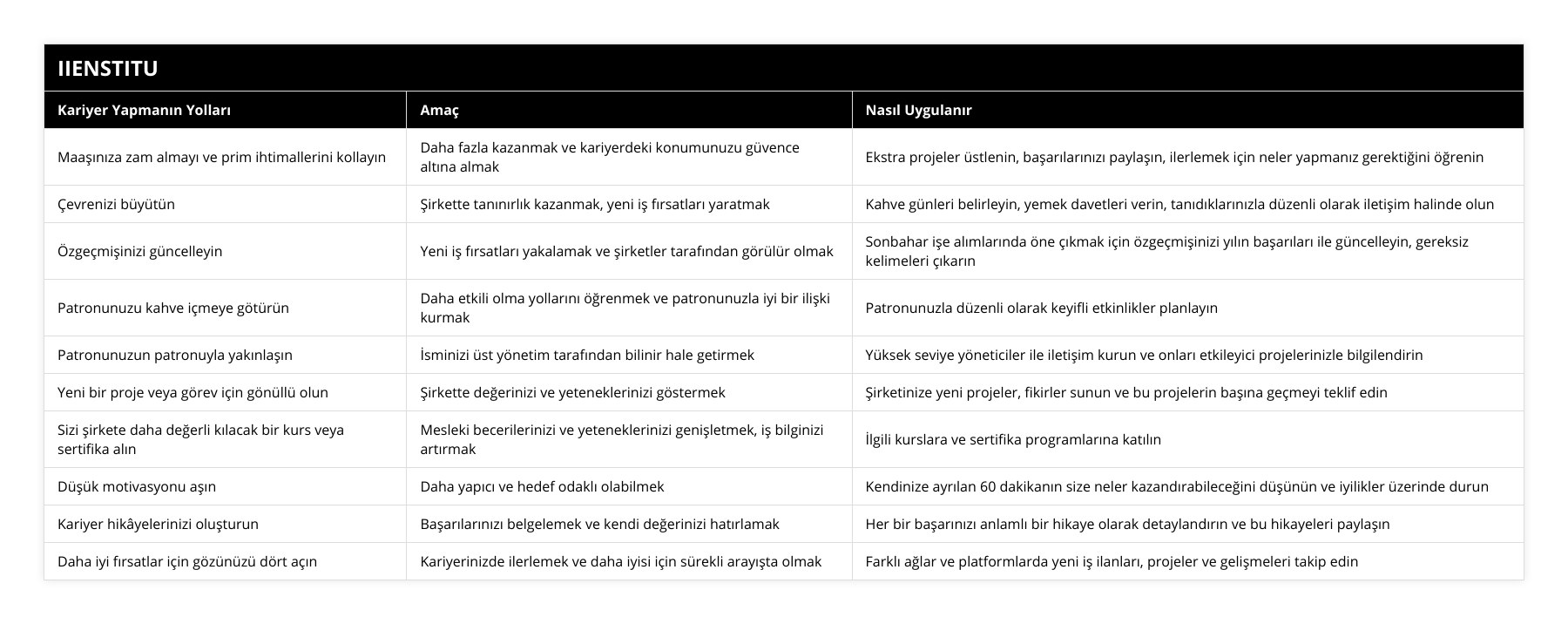 Maaşınıza zam almayı ve prim ihtimallerini kollayın, Daha fazla kazanmak ve kariyerdeki konumunuzu güvence altına almak, Ekstra projeler üstlenin, başarılarınızı paylaşın, ilerlemek için neler yapmanız gerektiğini öğrenin, Çevrenizi büyütün, Şirkette tanınırlık kazanmak, yeni iş fırsatları yaratmak, Kahve günleri belirleyin, yemek davetleri verin, tanıdıklarınızla düzenli olarak iletişim halinde olun, Özgeçmişinizi güncelleyin, Yeni iş fırsatları yakalamak ve şirketler tarafından görülür olmak, Sonbahar işe alımlarında öne çıkmak için özgeçmişinizi yılın başarıları ile güncelleyin, gereksiz kelimeleri çıkarın, Patronunuzu kahve içmeye götürün, Daha etkili olma yollarını öğrenmek ve patronunuzla iyi bir ilişki kurmak, Patronunuzla düzenli olarak keyifli etkinlikler planlayın, Patronunuzun patronuyla yakınlaşın, İsminizi üst yönetim tarafından bilinir hale getirmek, Yüksek seviye yöneticiler ile iletişim kurun ve onları etkileyici projelerinizle bilgilendirin, Yeni bir proje veya görev için gönüllü olun, Şirkette değerinizi ve yeteneklerinizi göstermek, Şirketinize yeni projeler, fikirler sunun ve bu projelerin başına geçmeyi teklif edin, Sizi şirkete daha değerli kılacak bir kurs veya sertifika alın, Mesleki becerilerinizi ve yeteneklerinizi genişletmek, iş bilginizi artırmak, İlgili kurslara ve sertifika programlarına katılın, Düşük motivasyonu aşın, Daha yapıcı ve hedef odaklı olabilmek, Kendinize ayrılan 60 dakikanın size neler kazandırabileceğini düşünün ve iyilikler üzerinde durun, Kariyer hikâyelerinizi oluşturun, Başarılarınızı belgelemek ve kendi değerinizi hatırlamak, Her bir başarınızı anlamlı bir hikaye olarak detaylandırın ve bu hikayeleri paylaşın, Daha iyi fırsatlar için gözünüzü dört açın, Kariyerinizde ilerlemek ve daha iyisi için sürekli arayışta olmak, Farklı ağlar ve platformlarda yeni iş ilanları, projeler ve gelişmeleri takip edin