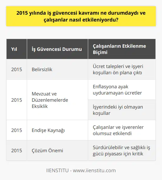 2015 yılında iş güvencesi konusundaki belirsizlik, çalışanların ücret taleplerini ve işyeri koşullarını daha önemli hale getirdi. Özellikle, ücretlerin enflasyona ayak uyduramaması ve işyerindeki iyi olmayan koşullar, çalışanların iş güvencesinden daha fazla endişe duymalarına yol açtı. Bu kavramla ilgili mevzuat ve düzenlemelerin eksikliği, çalışanların daha büyük sorunlar yaşamalarına sebep olmaktaydı.Sonuç olarak, 2015 yılında iş güvencesi kavramı, çalışanlar açısından önemli bir endişe kaynağıydı. Bu durum, hem iş güvencesizliği yaşayan çalışanlar hem de işverenler için olumsuz etkiler yaratmıştır. İş güvencesi sorununun çözümlenmesi, sürdürülebilir ve sağlıklı bir iş gücü piyasası için son derece önemlidir.