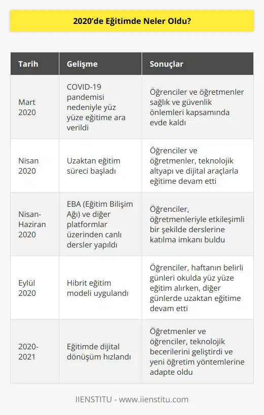 Pandemi sebebiyle yüz yüze eğitime ara verildi. Okullar uzaktan eğitime geçti. EBA ve farklı programlar üzerinden canlı dersler yapıldı.