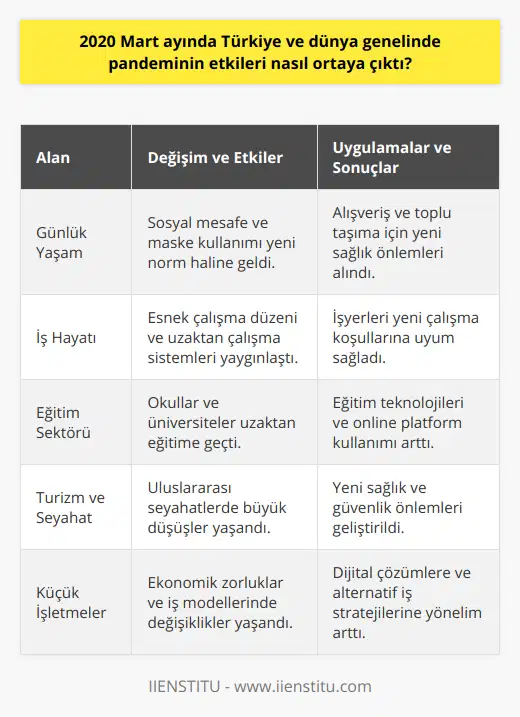 2020 Mart ayında başlayan Covid-19 pandemisi, Türkiye ve dünya genelinde büyük etkiler gösterdi. Bu süreç, sağlık sistemlerinin kritik önemini, sosyo-ekonomik dengelerin kırılganlığını ve toplumların dayanışma kapasitelerini gözler önüne sererek, insanlar için unutulmaz bir deneyime dönüştü.Pandeminin etkilerini hissetmeye başladığımız Mart ayında, zaten mevcut olan yaşam rutinlerimiz tamamen değişerek yeni normallere uyum sağlamak zorunda kaldık. Toplu taşıma ve alışveriş gibi faaliyetlerde sosyal mesafe ve maske kullanımına dikkat etmek, önemli bir alışkanlık haline geldi. Ayrıca pandemi önlemleri kapsamında, işyerlerinde esnek çalışma düzenleri ve uzaktan çalışma sistemleri benimsendi.Özellikle eğitim sektörü, bu süreçten büyük ölçüde etkilendi. Okullar ve üniversiteler uzaktan eğitime geçiş yaparak öğrencilerin ve eğitimcilerin evlerinden sürece katılmalarını sağladılar. Bu dönemde, eğitim teknolojileri ve online platformlar önemli bir kullanıcı kitlesine ulaşarak büyük bir ivme kazandı.Pandemi süreci, birçok sektörü de derinden etkiledi. Turizm ve seyahat gibi alanlar, küresel çapta büyük sıkıntılar yaşarken, küçük işletmeler ve esnaflar da değişen ekonomik koşullara ayak uydurmak için büyük çaba gösterdiler. Alternatif iş modelleri ve dijital çözümlere yönelik talep, bu süreçte ciddi oranda artış gösterdi.Son olarak, 2020 Mart ayında Türkiye ve dünya genelinde hissedilmeye başlanan pandemi etkileri, toplumlarımızın yaşamlarında kalıcı değişikliklere yol açtı. Başta sağlık ve eğitim olmak üzere pek çok alanda, bu zorlu süreçten dersler çıkararak, geleceğe daha hazırlıklı ve dayanışmacı bir şekilde ilerlememiz büyük önem taşıyor. Bu sayede, yaşadığımız deneyimleri ve öğrendiğimiz bilgileri, insanların yaşamlarına olumlu etkiler sağlayacak şekilde kullanabiliriz.