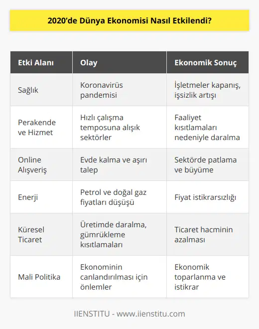 2020 yılında dünya ekonomisine etki eden faktörlerin başında, hiç şüphesiz koronavirüs pandemisi geliyordu. Bu küresel salgın nedeniyle hükümetler, vatandaşların sağlığını korumak ve virüsün yayılmasını kontrol altına almak adına işletmelerin faaliyetlerini sınırladı ve bazı ülkelerde sokağa çıkma yasakları uyguladı.Bu durum, hizmet, turizm ve perakende sektörü gibi hızlı çalışma temposuna alışık olan iş kollarını etkiledi. Diğer yandan aşırı talep nedeniyle çevrimiçi alışveriş ve evde tüketim ürünleri sektörlerinde patlama yaşandı. Şirketlerin kapanması ve ekonominin büyük bir kısmının durma noktasına gelmesi ile küresel işsizlik oranı arttı. Ayrıca petrol ve doğal gaz fiyatlarında düşüş yaşandı.2020'deki ekonomik krizin en büyük etkilerinden biri, küresel ticaretin azalması oldu. İstihdamın ve yatırımların daralmasından dolayı üretim kapasitelerinde yaşanan sıkıntı ve dünya ülkelerinin gümrükleme süreçlerinde getirdiği kısıtlamalar ticari faaliyetlere ağır bir darbe vurdu. Bu durum, mal ve hizmetlerin uluslararası piyasalardaki işlem hacminin düşmesine ve karşılıklı bağımlı hale gelen ekonomilerin zayıflamasına neden oldu.Dünya ekonomisi üzerindeki bu olumsuz etkiye rağmen gelişmiş ülkeler, ekonomik durgunluğa ve sosyal ve iş dünyasındaki çalkantılara karşı önlemler alarak, durumu kontrol altına almaya çalıştı.Ekonomik toparlanmayı hızlandırmak ve işletmelerin büyümesini desteklemek için Avrupa Birliği, Amerika Birleşik Devletleri ve diğer büyük ekonomiler, mali gevşeme politikalarını benimsedi ve iş dünyasını canlandırıcı adımlar attı. Ekonomik kurtarma paketleri, teşvik programları ve hanehalkı yardımları gibi çeşitli önlemlerle tüketicilere, işletmelere ve piyasalara güven sağlanmaya çalışıldı.Özellikle Amerika Birleşik Devletleri'nde ve Avrupa Birliği ülkelerinde alınan bu tür önlemler sayesinde, ekonomik daralma diğer ülkelere kıyasla daha hızlı atlatıldı ve ekonomik göstergeler toparlanmaya başladı.Sonuç olarak, 2020'de dünya ekonomisi koronavirüs salgını nedeniyle ağır bir darbe aldı ve uzun süreli etkilerinden tam olarak kurtulmak zor olabilir. Ancak, hükümetlerin ve politika yapıcıların gelecekte bu tür küresel krizlere karşı daha dayanıklı ve esnek olma yolunda önemli dersler çıkarabilecekleri umulmaktadır.