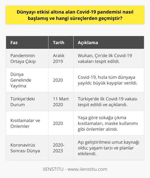 Covid-19 Pandemisinin Başlangıcı ve Süreçleri2020 yılı, hayatımıza yeni kavramlar ve değişiklikler getiren zor bir yıl olarak tarihe geçmiştir. Bu zorlukların başında, dünyayı etkisi altına alan Covid-19 pandemisi gelmektedir. Peki, bu pandemi nasıl başlamış ve hangi süreçlerden geçmiştir?Pandeminin Ortaya ÇıkışıCovid-19 virüsü, ilk olarak 2019 yılının Aralık ayında Çin'in Wuhan kentinde ortaya çıktı. Bilinmeyen bir hastalık olarak tespit edilen virüs, kısa sürede Çin'de hızla yayıldı ve ardından dünya genelinde etkisini hissettirdi.Dünya Genelinde YayılmaCovid-19, Çin sınırlarını aşarak başta Avrupa ve Amerika olmak üzere dünya geneline yayıldı. Bu yayılma sürecinde özellikle İtalya, İspanya, Birleşik Krallık ve Amerika Birleşik Devletleri gibi ülkelerde büyük kayıplar yaşandı.Türkiye'deki DurumTürkiye, Covid-19 pandemisine karşı önlemlerini alarak sınırlarını kapattı ve uçuşları azalttı. 11 Mart 2020'de ülkemizdeki ilk vaka tespit edildi ve Sağlık Bakanı Fahrettin Koca tarafından kamuoyuna duyuruldu.Kısıtlamalar ve ÖnlemlerVirüsün yayılmasını engellemek için yaş gruplarına göre sokağa çıkma kısıtlamaları, hafta sonu sokağa çıkma yasakları, sosyal mesafe ve maske kullanımı gibi önlemler alındı. Yaz aylarında umutlandıran rahatlamanın ardından, güz mevsiminin gelmesiyle vakaların sayısı tekrar artış gösterdi.Koronavirüs Sonrası DünyaDünya genelinde Covid-19 pandemisiyle mücadelede süreçlerin nasıl sonuçlandığına bağlı olarak kısıtlamaların düzeyi değişti. Aşı çalışmalarının hız kazanması, pandemiyle mücadelede önemli bir umut kaynağı oldu. Bu süre zarfında pek çok kişi ve sektör hayallerini, planlarını ertelemek zorunda kaldı. Sonuç olarak, Covid-19 pandemisi başladığından bu yana dünya genelinde büyük etkiler bırakmış ve hayatımızın pek çok alanında önemli değişikliklere yol açmıştır. Gelecek süreçlerde, pandeminin tamamen son bulması ve normale dönme umutları artık daha güçlü, fakat sürecin takip edilmesi gerekmektedir.