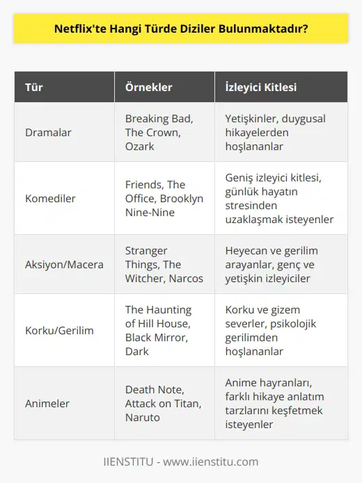 Netflixte   lar, komediler, aksiyon/macera dizileri, korku/gerilim dizileri,   ler, belgeseller, kara mizah dizileri, değişik kültürden diziler, bilim kurgu dizileri, aile dizileri ve reality şovlar bulunmaktadır.