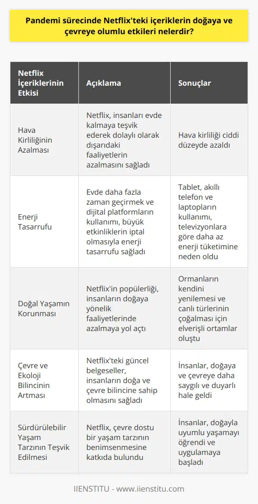 Pandemi Sürecinde Netflix İçeriklerinin Doğaya ve Çevreye Olumlu Etkileri  Pandemi dönemi boyunca evde kalmamız ve sosyal etkinliklere katılamamamız, insanların boş zamanlarını evde geçirmelerine neden oldu. Bu süreçte, Netflix gibi dijital platformlar popüler hale geldi ve insanlar daha fazla dizi, film ve belgesel izlemeye yönlendiler. Peki, pandemi sürecinde Netflixteki içeriklerin doğaya ve çevreye olumlu etkileri nelerdir?  Hava Kirliliğinin Azalması  İnsanların evlerine kapandığı bu süreçte, dışarıdaki faaliyetlerin azalmasıyla hava kirliliğinin ciddi düzeyde azaldığı görüldü. Netflix ve diğer dijital platformların sunduğu içerikler, insanların evde kalmasını teşvik etmesi açısından çevreye dolaylı olarak olumlu etki sağladı.  Enerji Tasarrufu  Evde daha fazla zaman geçirmemiz ve dijital platformlar sayesinde daha az dışarı çıkmamız, enerji tasarrufu sağladı. Büyük etkinliklerin, sinema ve tiyatro gibi etkinliklerin iptal olması, bu alanlarda kullanılacak enerjinin tasarruf edilmesine katkıda bulundu. Ayrıca, Netflix gibi platformlar, sürekli elektrik tüketen büyük ekranda televizyon yerine enerji tüketimi daha düşük olan tablet, akıllı telefon ve laptoplarda kullanılması sayesinde enerji tasarrufuna katkı sağlamaktadır.  Doğal Yaşamın Korunması  Netflix platformunun popülerliği arttıkça, insanların doğaya yönelik faaliyetlerinde de gözle görülür bir azalma oldu. Pandemi sürecinde, özellikle doğadaki flora ve fauna üzerinde olumlu etkiler gözlendi. Ormanlardaki bitki örtüsü kendini yenileme fırsatı buldu ve doğadaki canlı türlerinin çoğalması için daha elverişli ortamlar oluştu.  Çevre ve Ekoloji Bilincinin Artması  Netflix ve benzeri platformlarda sundukları güncel belgeseller sayesinde, insanlar doğa ve çevre bilincine sahip olma konusunda daha bilinçli hale geldiler. Özellikle çevre sorunlarına dikkat çeken ve sürdürülebilir yaşam öneren içerikler, insanların doğaya ve çevreye daha saygılı ve duyarlı olmasına yol açtı.  Sonuç olarak, pandemi sürecinde popülerleşen Netflixteki içeriklerin doğaya ve çevreye olan olumlu etkileri, enerji tasarrufundan doğal yaşamın korunmasına ve çevre bilincinin artmasına kadar pek çok alanda kendini göstermektedir. Bu süreçte, dijital platformlar çevre dostu bir yaşam tarzının benimsenmesine ve insanların doğayla uyumlu yaşamalarına katkıda bulunmaktadır.
