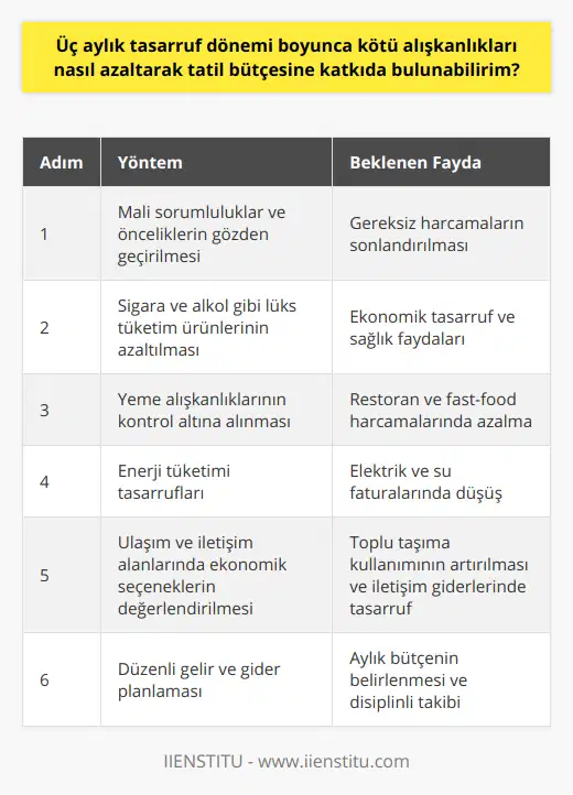 Özetle, üç aylık tasarruf dönemi boyunca kötü alışkanlıkları azaltarak tatil bütçesine katkı sağlamak için şu adımları izlemelisiniz:1. Mali sorumluluklar ve önceliklerinizi gözden geçirin ve gereksiz harcamalara son verin.2. Sigara, alkol gibi lüks tüketim ürünlerine yapılan harcamaları azaltın ya da tamamen bırakın.3. Yeme alışkanlıklarınızı kontrol altına alarak restoran ve fast-food harcamalarını kısıtlayın.4. Elektrik, su gibi enerji tüketimlerinde tasarruf sağlayacak yöntemler uygulayın.5. Ulaşım ve iletişim alanlarında ekonomik seçenekleri değerlendirin, örneğin toplu taşıma kullanımını artırın.6. Düzenli gelir ve gider planlaması yaparak aylık bütçe hedeflerinizi belirleyin ve disiplinli bir şekilde takip edin.Tüm bu yöntemler sayesinde, aynı zamanda yaşam kalitenizi artırarak, tatil bütçenize önemli ölçüde katkı sağlamış olacaksınız.