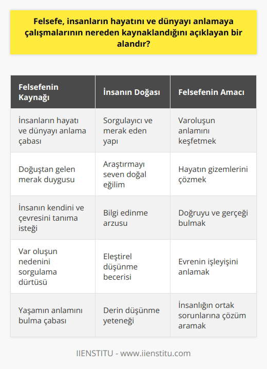Felsefe, insanların hayatını anlamaya çalışmalarının ve dünyayı anlamaya çalışmalarının kaynağının insanın doğasında yattığını savunur. İnsanların sorgulayıcı, merak eden ve araştırmayı seven doğal bir yanı vardır, bu nedenle felsefe, insanların doğasından kaynaklanan bir merak ve arayışı temel alır.