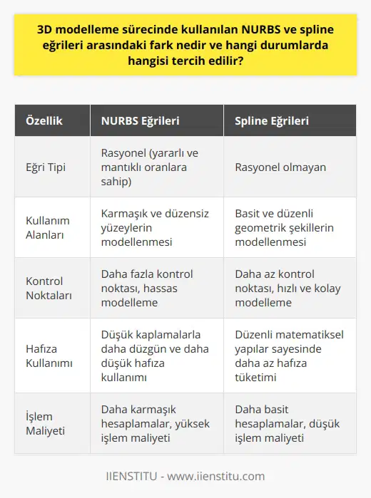 NURBS ve Spline Eğrileri Arasındaki Farklar 3D modelleme sürecinde, NURBS (Non-Uniform Rational B-Splines) ve spline eğrileri, yüzeylerin ve geometrik şekillerin oluşturulması ve düzenlenmesi için kullanılır. Bu iki yöntem arasındaki temel fark, NURBSin rasyonel (yararlı ve mantıklı oranlara sahip) eğrileri kullanırken, spline eğrilerinin rasyonel olmayan eğrilerden oluşmasıdır. Bu fark, her iki yöntemin uygulanabilirliği ve tercih edildiği durumlar üzerinde önemli bir etkiye sahiptir. NURBS Kullanım Alanları ve Avantajları NURBS, özellikle karmaşık ve düzensiz yüzeylerin modellenmesinde tercih edilir. NURBS, eğrilerin ve yüzeylerin bir iç denetim noktası sistemi üzerinden tanımlanmasını sağlar ve bu sayede daha hassas ve düşük hata payıyla modellenir. Ayrıca, NURBS eğrileri, düzensiz ve karmaşık yüzeyler ile daha iyi başa çıkmalarını sağlayan düşük kaplamalarla daha düzgün ve daha düşük hafıza kullanımına sahiptir. Spline Eğrilerinin Kullanım Alanları ve Avantajları Öte yandan, spline eğrileri, daha basit ve düzenli geometrik şekillerin modellenmesinde daha çok tercih edilir. Spline eğrileri, modelleme sürecinde daha az kontrol noktası kullandığı için geometrik şekillerin daha hızlı ve kolay şekillendirilmesine olanak tanır. Ayrıca, spline eğrilerinin düzenli matematiksel yapıları sayesinde, bilgisayar işlem maliyetleri daha düşük olabilir ve daha az hafıza tüketir. Sonuç Sonuç olarak, 3D modelleme sürecinde kullanılan NURBS ve spline eğrileri arasındaki temel fark, rasyonel ve rasyonel olmayan eğrilerin kullanılmasıdır. NURBS, karmaşık ve düzensiz yüzeylerin modellenmesi için daha uygun ve etkilidir, spline eğrileri ise basit ve düzenli geometrik şekiller için daha hızlı ve kolay modellenebilir. Hangi yöntemin tercih edileceği, modellemenin amaçlarına ve özelliklerine bağlıdır.