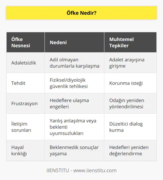 Öfke, bireylerin fiziksel ve duygusal tepkilerini tetikleyen güçlü bir duygudur. Bu duygu, insanların çeşitli nedenlerle rahatsızlık hissetmelerine ve bu rahatsızlığı ortadan kaldırmak için harekete geçmek istemelerine yol açar. Öfke, yaşamın doğal bir parçasıdır ve sağlıklı bir şekilde yönetildiğinde, bireylerin kendilerini ifade etmelerine ve iletişim kurmalarına yardımcı olabilir. Ancak, öfke kontrolsüz bir şekilde yaşandığında, olumsuz sonuçlara yol açabilir.Öfkenin NedenleriÖfkenin birçok nedeni olabilir ve bu nedenler kişiden kişiye değişebilir. İşte öfkeye yol açabilecek bazı durumlar:1. Adaletsizlik: İnsanlar, adil olmayan bir durumla karşı karşıya kaldıklarında öfkelenebilirler.2. Tehdit: Fiziksel veya duygusal güvenliklerinin tehlikeye atıldığı durumlarda, insanlar koruma amaçlı olarak öfkelenebilirler.3. Frustrasyon: Bir hedefe ulaşma konusunda engellenme yaşandığında, bireyler öfkeli hissedebilirler.4. İletişim sorunları: Yanlış anlaşılmalara veya beklentilere bağlı olarak, insanlar öfkeli olabilirler.5. Hayal kırıklığı: Beklenmedik bir sonuç yaşandığında, insanlar öfke hissedebilirler.Öfke İle Başa ÇıkmaÖfke, doğru şekilde yönetilmediğinde ilişkilere, iş yaşamına ve hatta sağlığa zarar verebilir. Öfkeyi sağlıklı bir şekilde yönetmek için aşağıdaki önerilere dikkat edebilirsiniz:1. Farkındalık: Öfke, duyularınız ve tepkilerinizle başa çıkmak için bilinçli bir farkındalık geliştirmeyi gerektirir.2. Nefes alma: Öfkelendiğinde, derin nefes alarak daha sakinleşmeye çalışabilirsiniz. Bu, bedenin rahatlamasına ve düşüncelerin yeniden değerlendirilmesine katkıda bulunur.3. İletişim: Öfkenin altında yatan nedenlerin farkında olmak ve deneyimlerinizi paylaşmak, sorunsuz iletişim ve daha sağlıklı ilişkiler sağlar.4. Problem çözme: Öfke, spesifik bir soruna yanıt olarak ortaya çıkabilir. Bu durumda, odaklanarak ve sorunun çözülmesi için adımlar atmaya çalışmak faydalıdır.5. Stres yönetimi: Uzun vadeli stres, sinirlilik ve öfke tetikleyicisi olabilir. Stres seviyelerini yönetmek ve daha iyi bir yaşam kalitesi için uygun bir denge kurmak önemlidir.Sonuç olarak, öfke, yaşamın doğal bir duygusal tepkisidir ve herkesin zaman zaman öfke yaşaması normaldir. Öfkenin sağlıklı bir şekilde yönetilmesi, hem kendiniz hem de çevrenizdeki insanlarla daha iyi ilişkiler kurmanıza ve yaşam kalitenizi artırmanıza yardımcı olacaktır. Farkındalık, sakin kalma, iyi iletişim, problem çözme ve stres yönetimi gibi stratejiler, öfke yönetiminde önemli adımlardır.