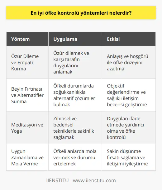 Özür Dileme ve Empati KurmaÖfkeli olduğumuz durumlarda, öfke kontrolü sağlamak için özür dilemek ve empati kurmaya çalışmak da etkili yöntemlerdendir. Karşımızdaki kişinin duygularını ve düşüncelerini anlamaya çalışarak, o kişiye karşı gösterdiğimiz anlayış ve hoşgörü, öfke düzeyimizi azaltmaya yardımcı olacaktır.Beyin Fırtınası ve Alternatifler SunmaÖfkeli olduğumuz bir konuda, sakin ve mantıklı bir şekilde düşünüp alternatif çözümler üreterek, öfke seviyemizi kontrol altına alabiliriz. Bu, durumu daha objektif değerlendirmemize ve daha sağlıklı bir iletişim kurmamıza katkı sağlar.Meditasyon ve YogaZihinsel ve bedensel rahatlamanın sağlandığı meditasyon ve yoga teknikleri, öfke kontrolüne büyük katkılar sağlar. Uygulanan teknikler, kişinin sakinleşmesine ve duygularını daha iyi ifade etmesine yardımcı olurken, öfke anlarında harekete geçirilerek etkili bir kontrol sağlanabilir.Uygun Zamanlama ve Mola VermeÖfke ile başa çıkmanın diğer bir yöntemi ise uygun zamanlama ve mola vermektir. Eğer bir konuda anlaşmazlık yaşanıyor ve öfke kontrolü zorlaşıyorsa, durum değerlendirilip, daha uygun bir zamana ertelenebilir veya bir süreliğine ara verilebilir. Bu sayede, her iki taraf da daha sakin düşünme fırsatı bulacak ve daha sağlıklı iletişim kurabilecektir.Özetle, öfke kontrolü yöntemleri, bireylerin yaşam kalitesine önemli katkılar sağlamakta ve kişisel ilişkilerinin güçlenmesine yardımcı olmaktadır. Uygulanan bu çeşitli yöntemlerle, öfkeli anların üstesinden gelinerek, daha huzurlu ve uyumlu bir yaşam sürdürülebilir.
