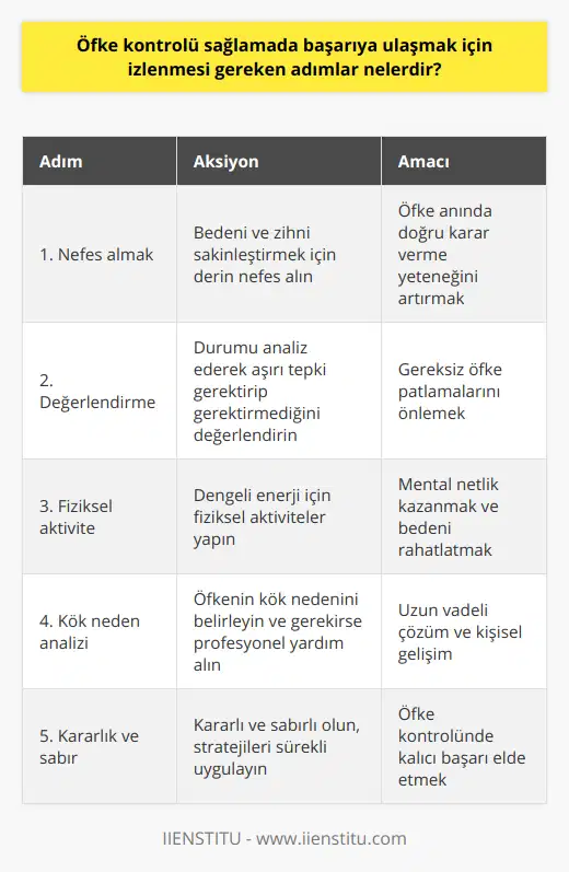 Özetle, öfke kontrolünde başarıya ulaşmak için izlenmesi gereken adımlar şunlardır:1. Derin nefes alarak bedeninizi ve zihninizi sakinleştirmeye çalışın.2. Karşılaştığınız durumun aşırı tepki verilip verilmemesi gerektiğini değerlendirin.3. Fiziksel aktivitelerle enerjinizi dengeleyin ve beyninizin daha net düşünmesine yardımcı olun.4. Öfkenin kök nedenini belirleyin ve eğer birikmişlikler söz konusuysa profesyonel destek almayı düşünün.Başarıya ulaşmak için kararlı ve sabırlı olmalıyız. Sürekli uygulama ve tekrarla bu stratejilerin etkili olduğunu görebiliriz. Öfke kontrolünün başarılı bir şekilde uygulanması, sağlıklı bireyler ve dolayısıyla sağlıklı toplumlar inşa etmeye katkıda bulunacaktır.